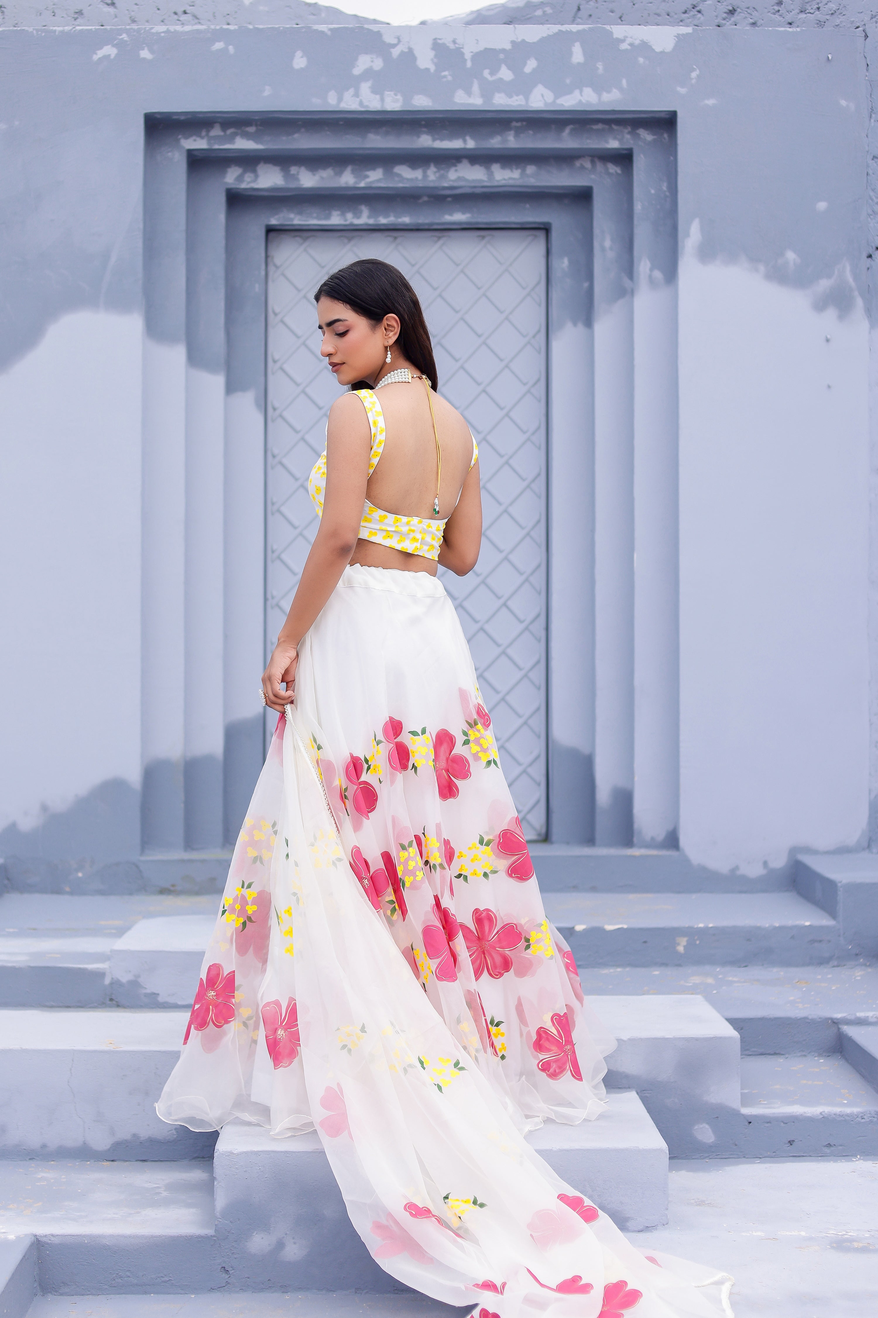 Raag Shuddh Sarang (Handpainted White Pure Organza Lehenga)
