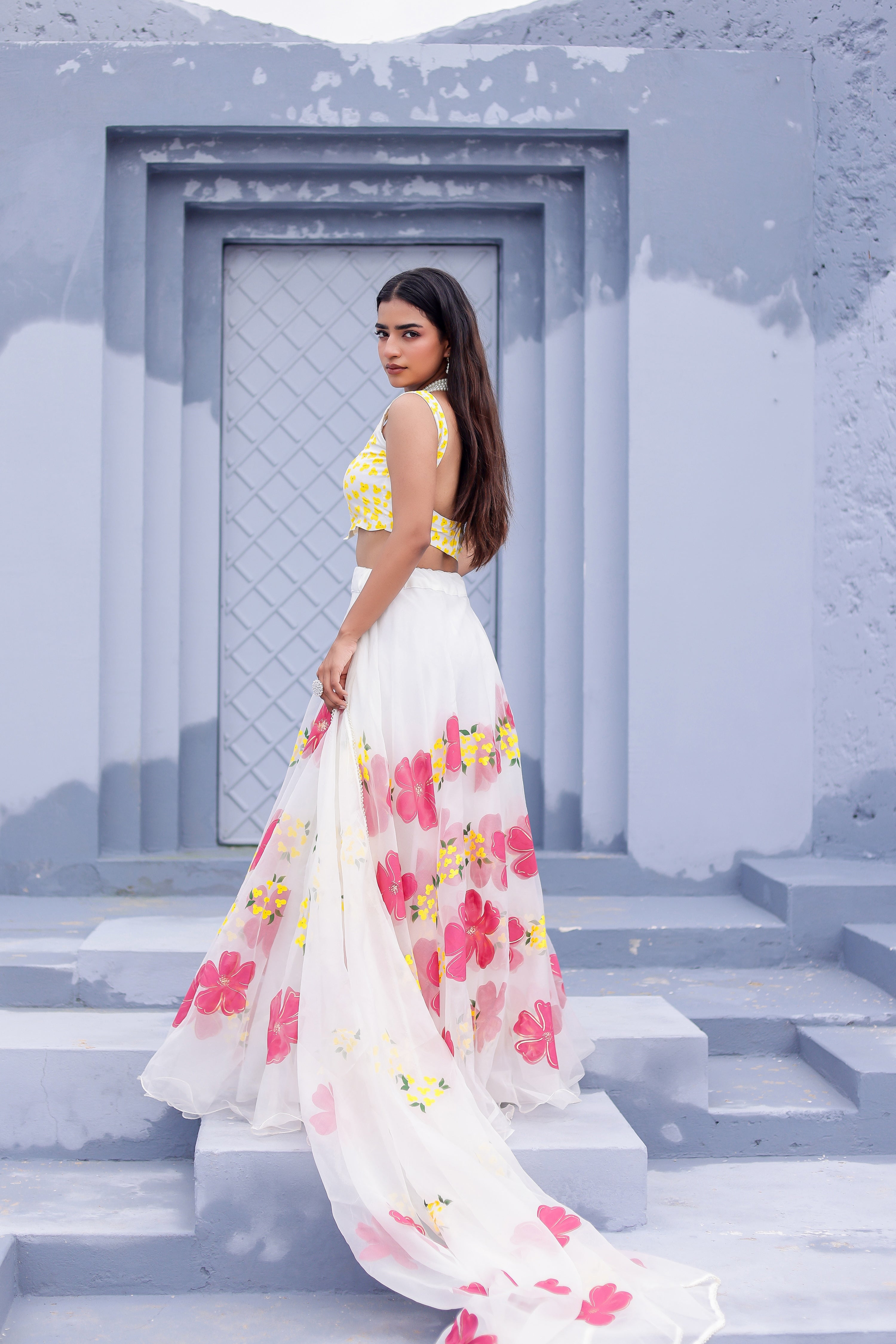 Raag Shuddh Sarang (Handpainted White Pure Organza Lehenga)