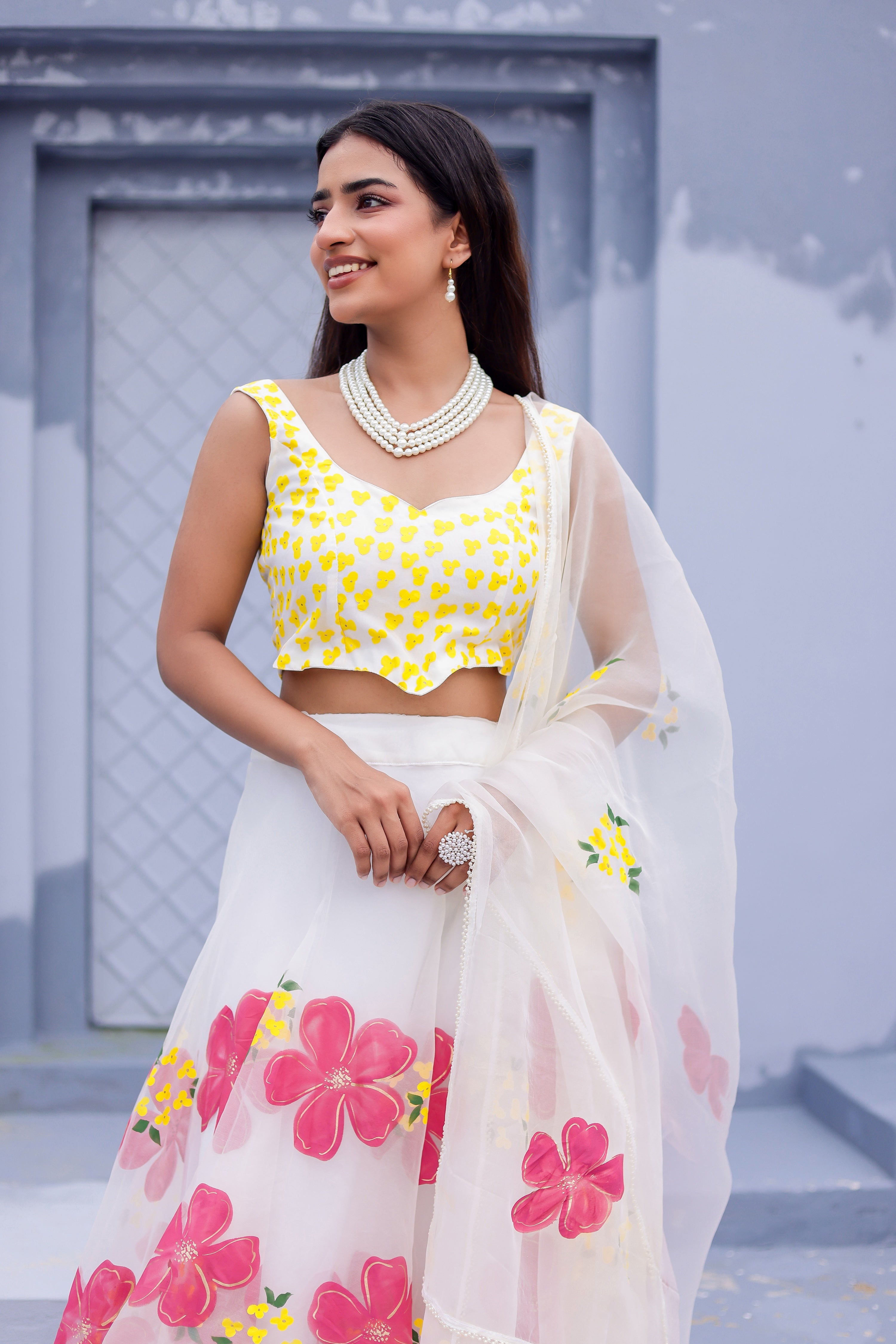 Raag Shuddh Sarang (Handpainted White Pure Organza Lehenga)