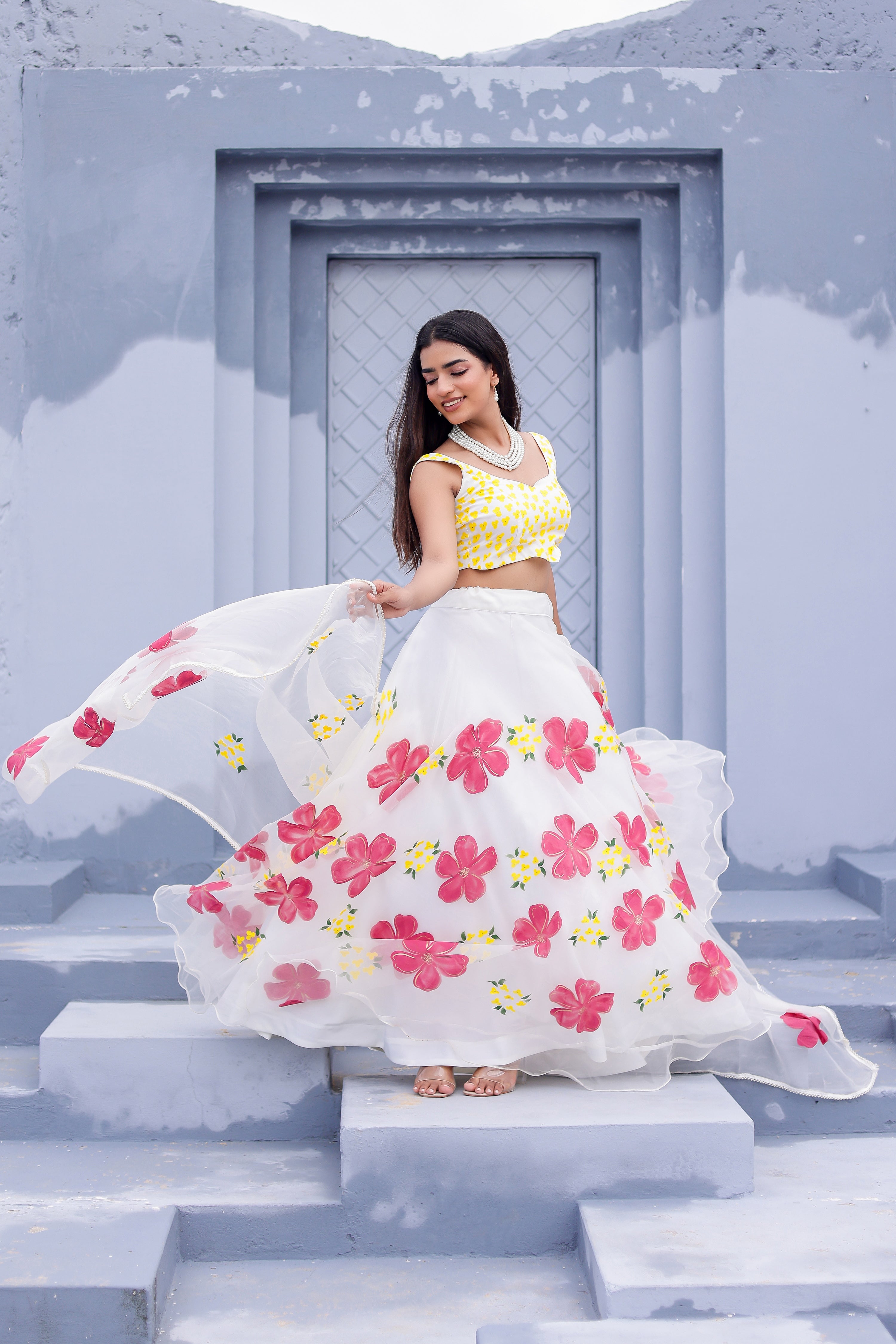 Raag Shuddh Sarang (Handpainted White Pure Organza Lehenga)