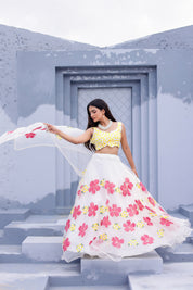 Raag Shuddh Sarang (Handpainted White Pure Organza Lehenga)