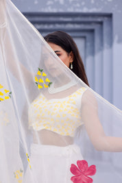 Raag Shuddh Sarang (Handpainted White Pure Organza Lehenga)