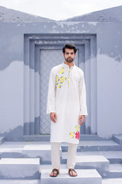 Pearl Blossom Kurta (Handpainted White Cotton Silk Kurta)