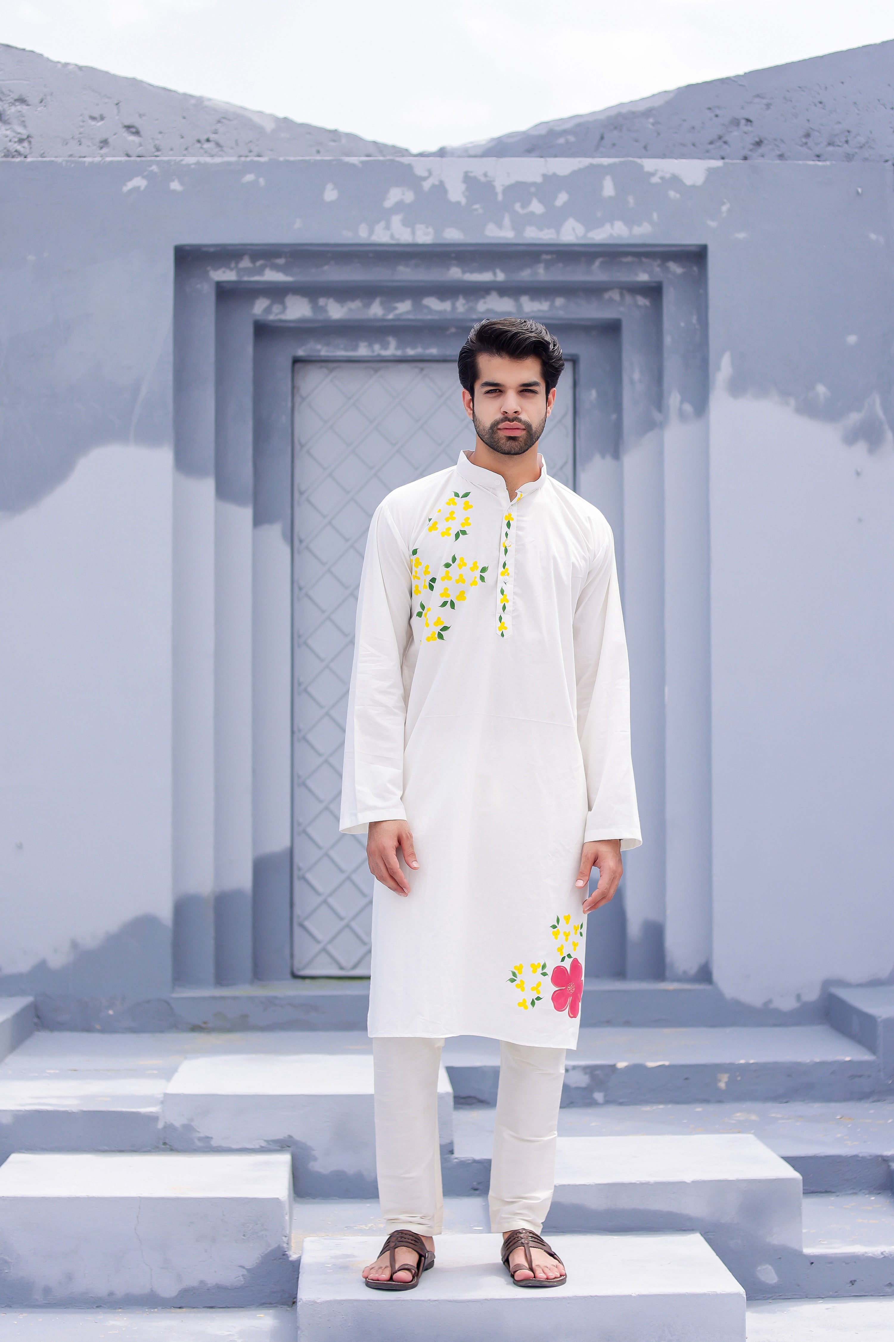 Pearl Blossom Kurta (Handpainted White Cotton Silk Kurta)