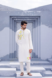 Pearl Blossom Kurta (Handpainted White Cotton Silk Kurta)