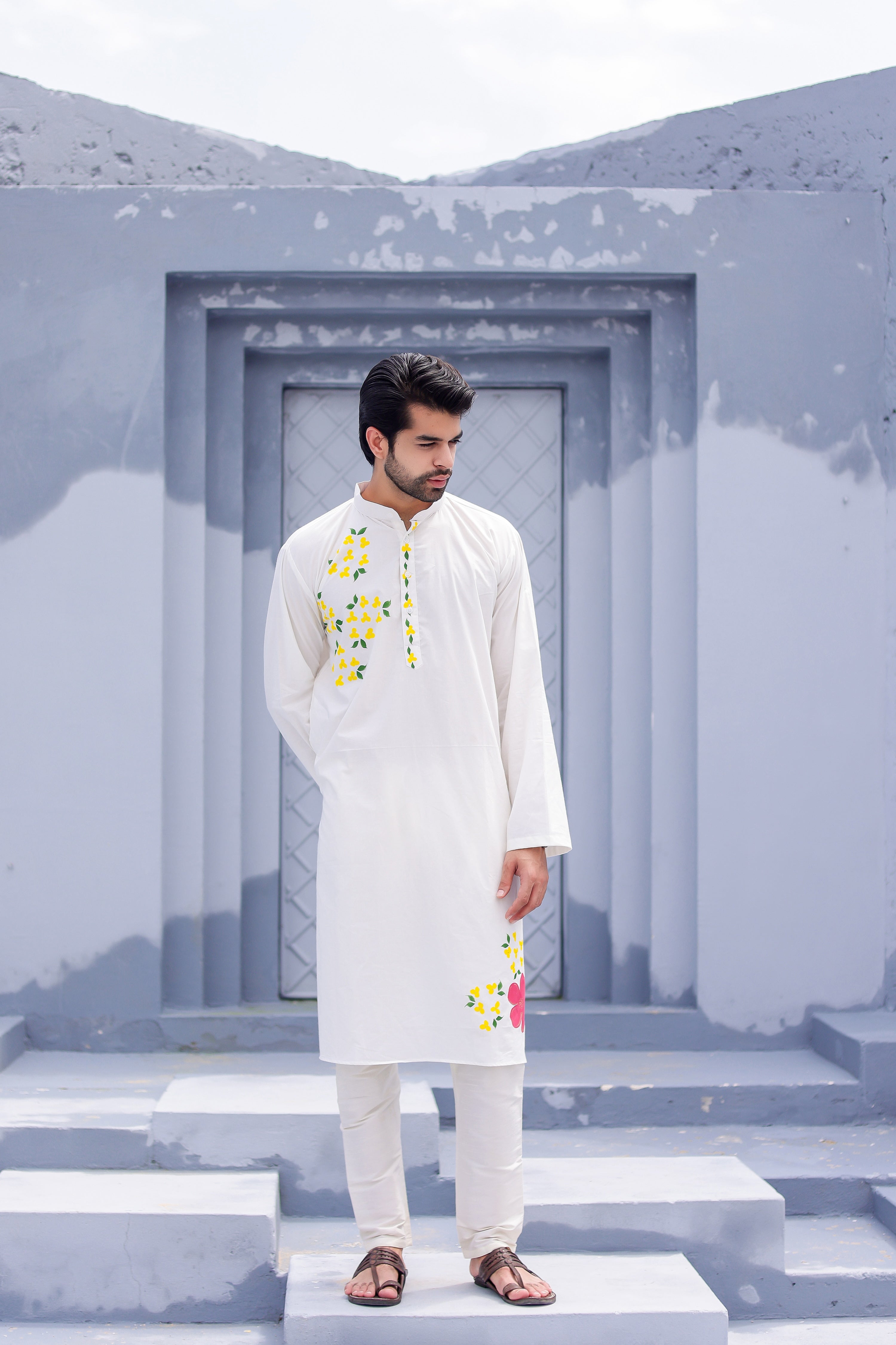 Pearl Blossom Kurta (Handpainted White Cotton Silk Kurta)