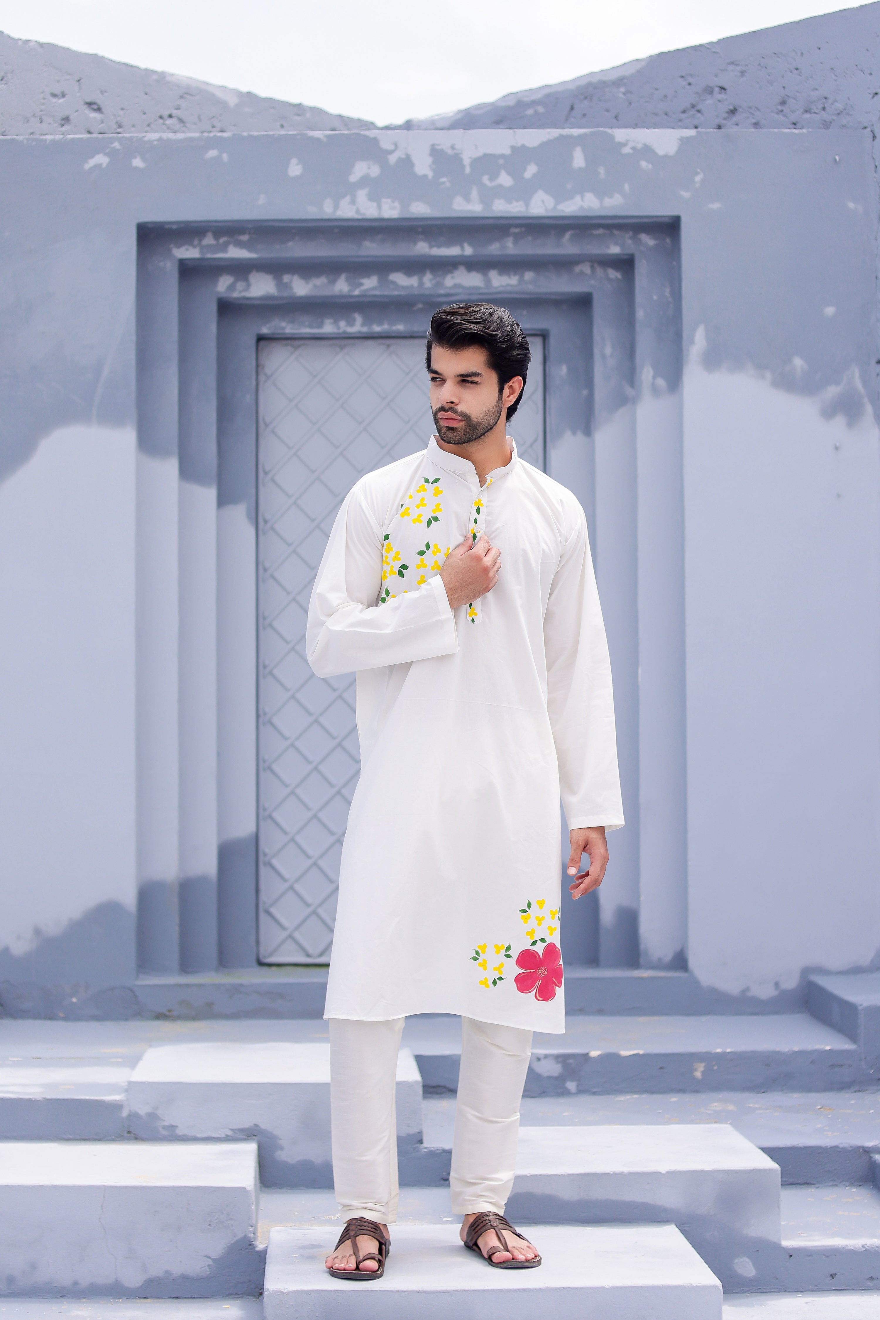 Pearl Blossom Kurta (Handpainted White Cotton Silk Kurta)