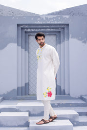 Pearl Blossom Kurta (Handpainted White Cotton Silk Kurta)