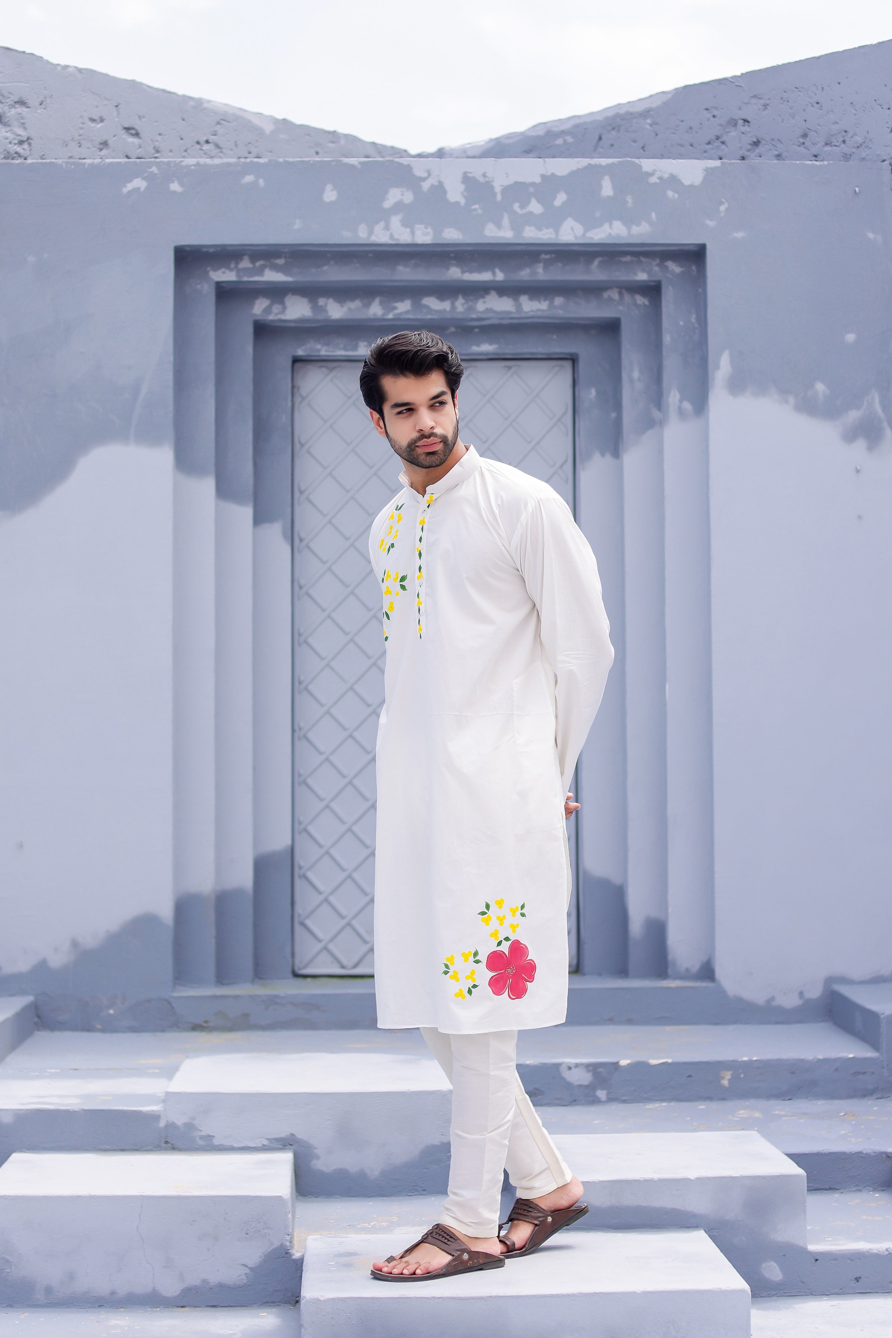 Pearl Blossom Kurta (Handpainted White Cotton Silk Kurta)