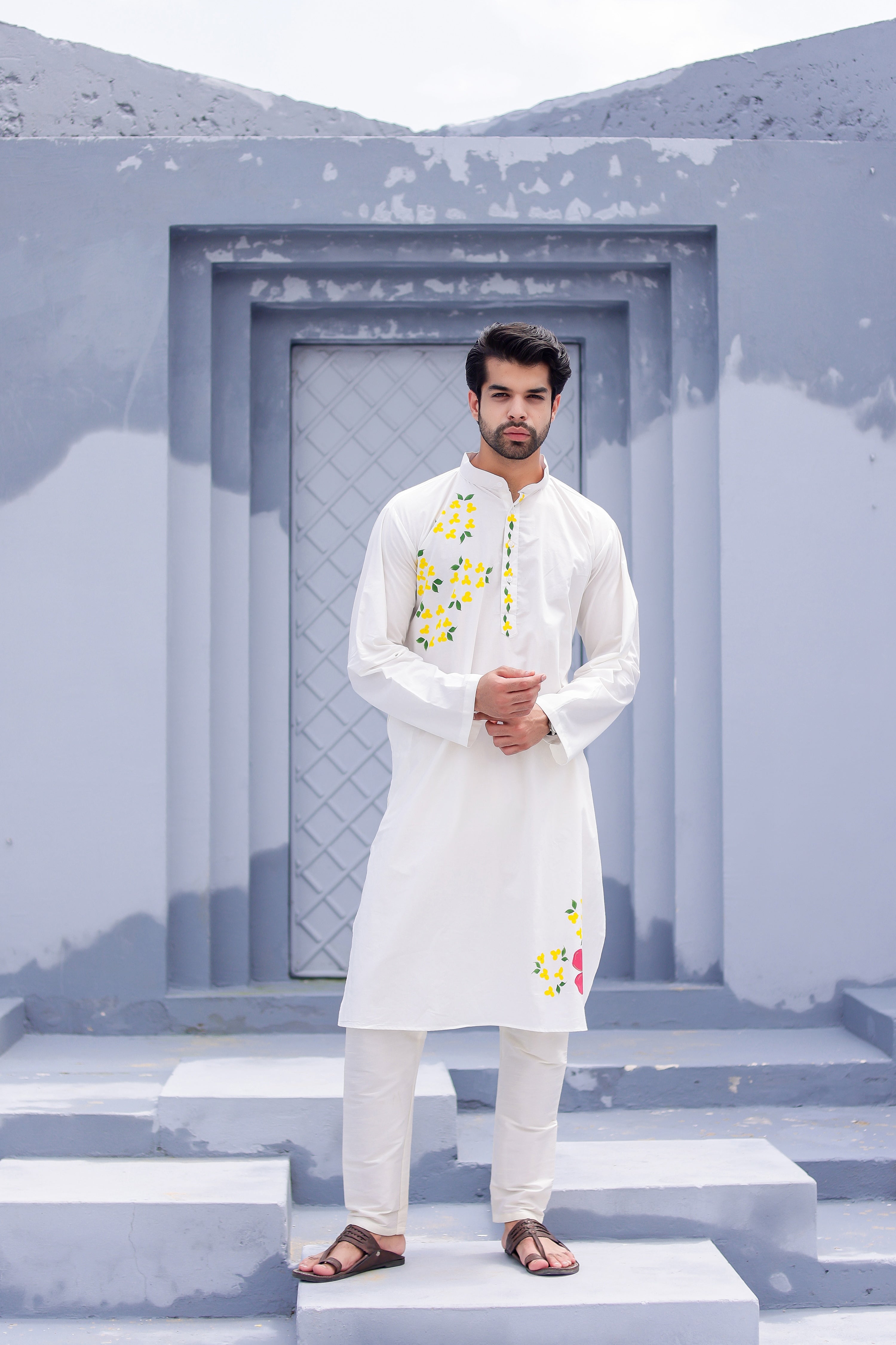Pearl Blossom Kurta (Handpainted White Cotton Silk Kurta)