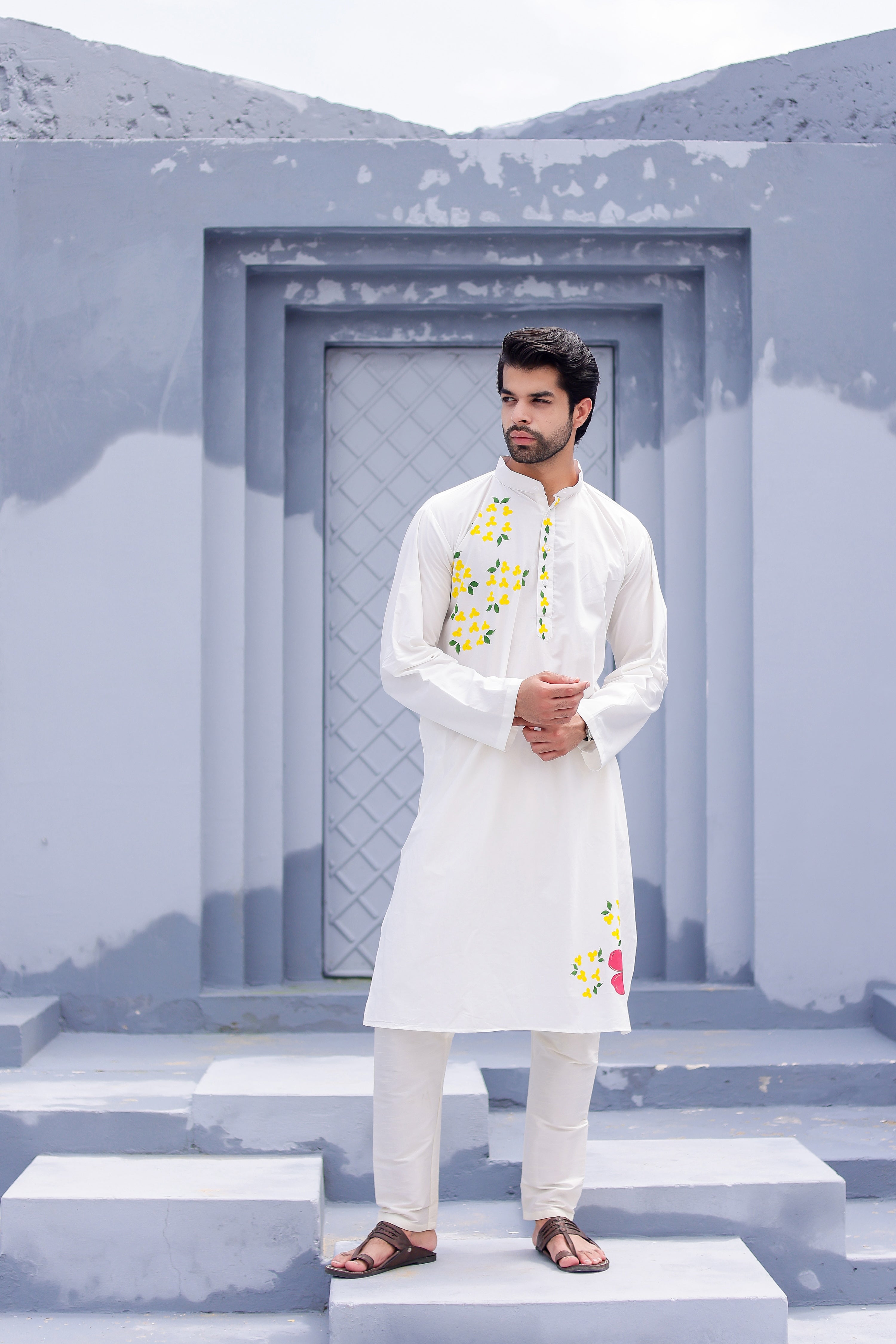 Pearl Blossom Kurta (Handpainted White Cotton Silk Kurta)