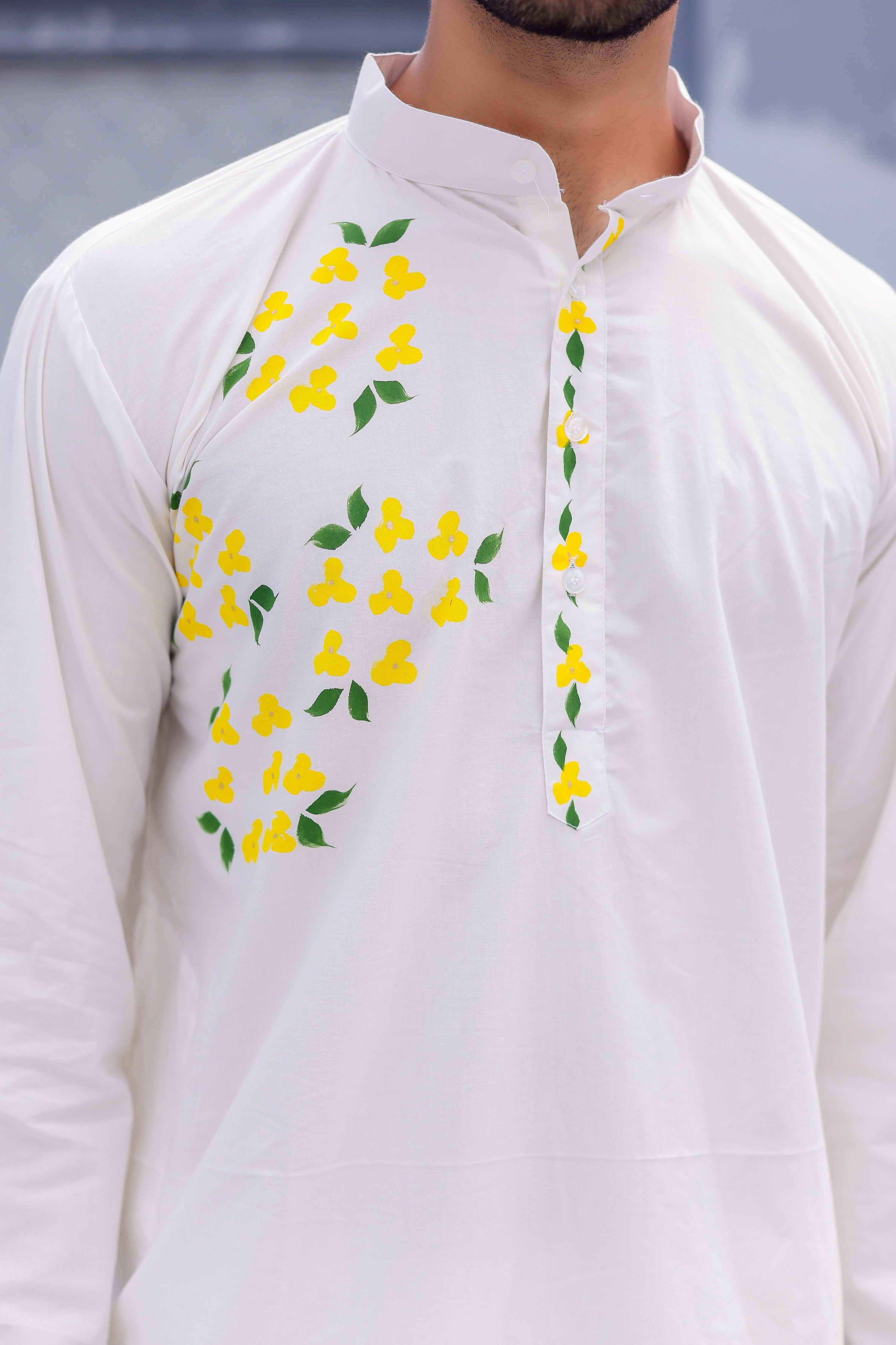 Pearl Blossom Kurta (Handpainted White Cotton Silk Kurta)