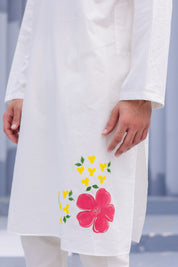 Pearl Blossom Kurta (Handpainted White Cotton Silk Kurta)