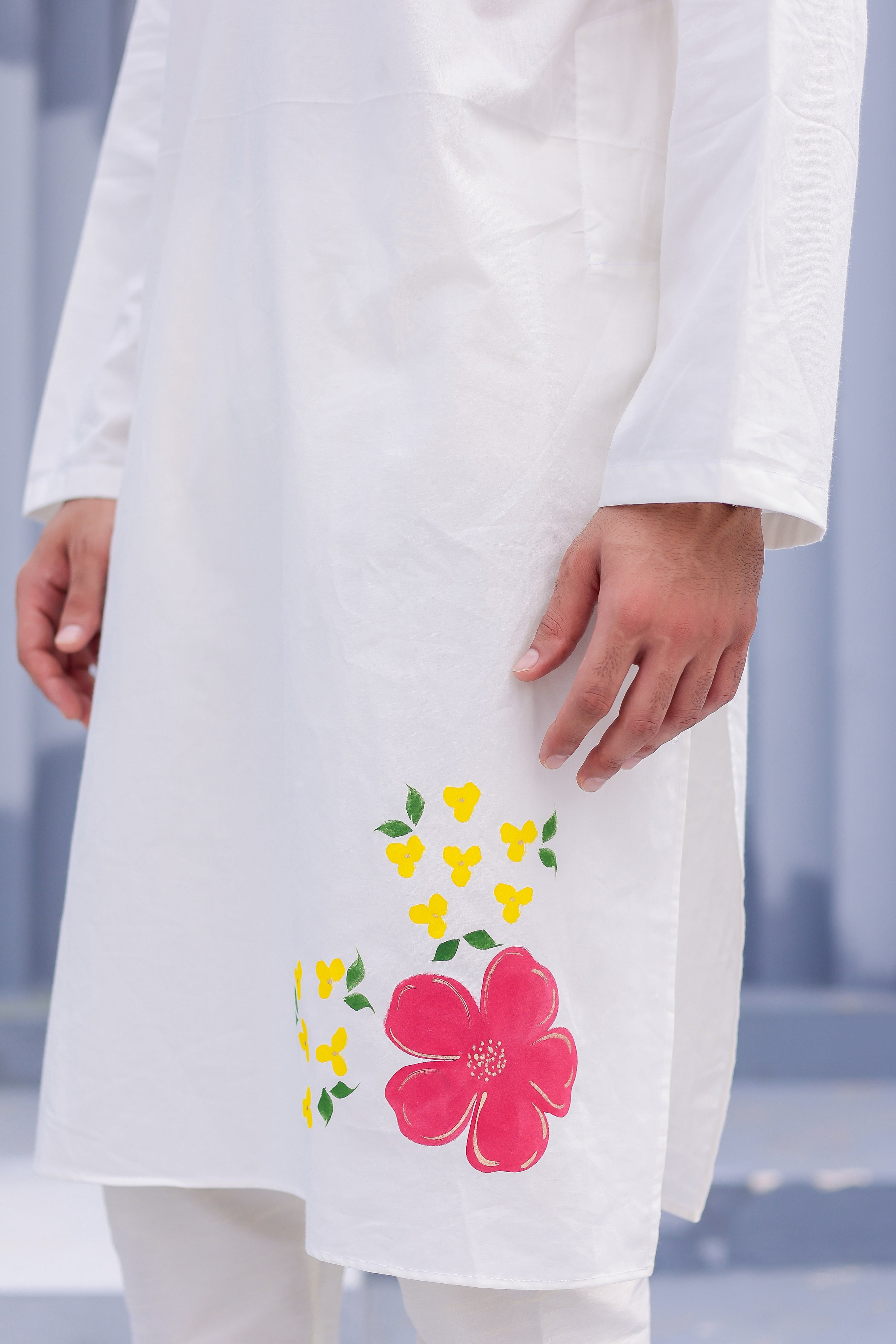 Pearl Blossom Kurta (Handpainted White Cotton Silk Kurta)