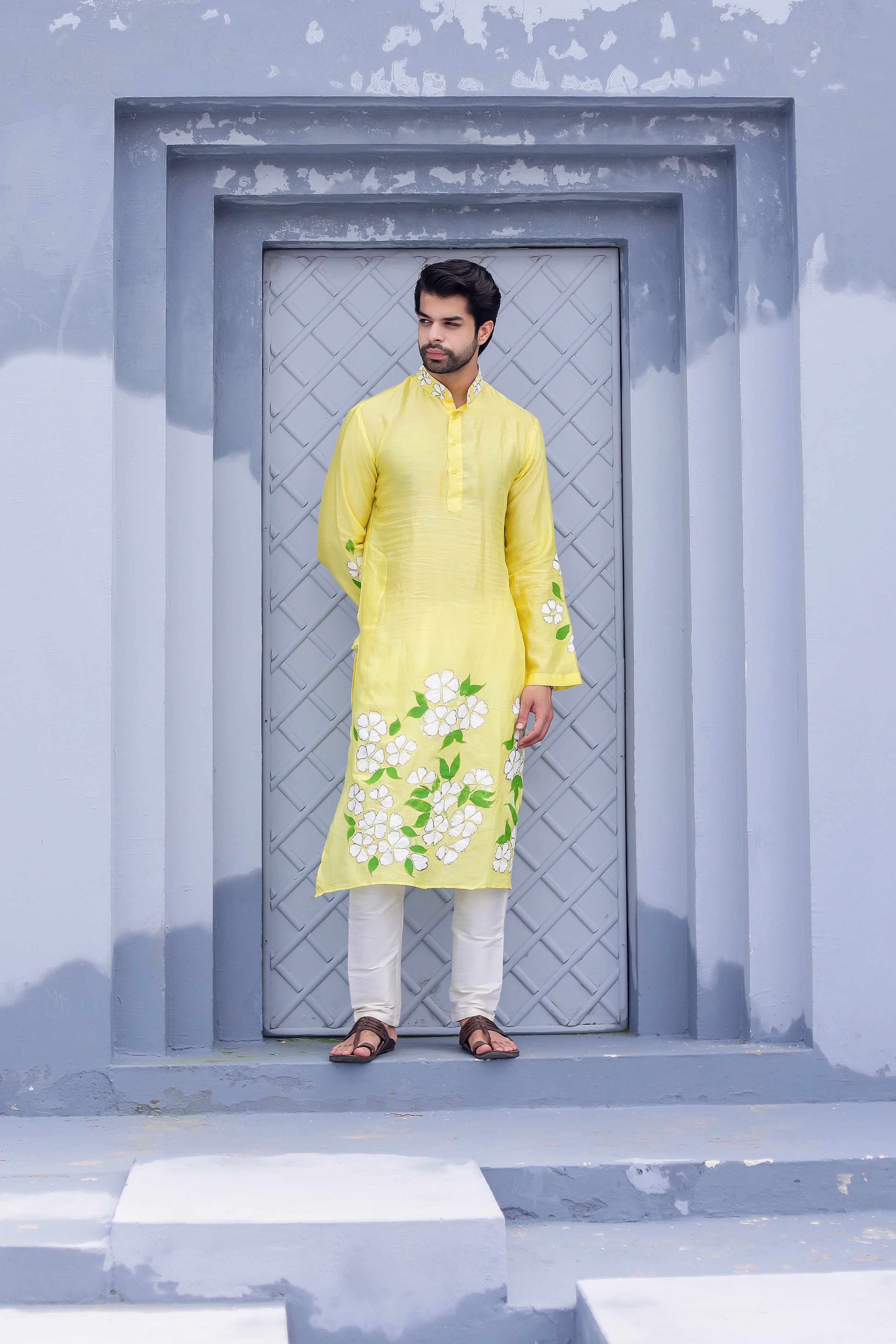 Sunny Bloom Kurta (Handpainted Yellow Cotton Silk Kurta)