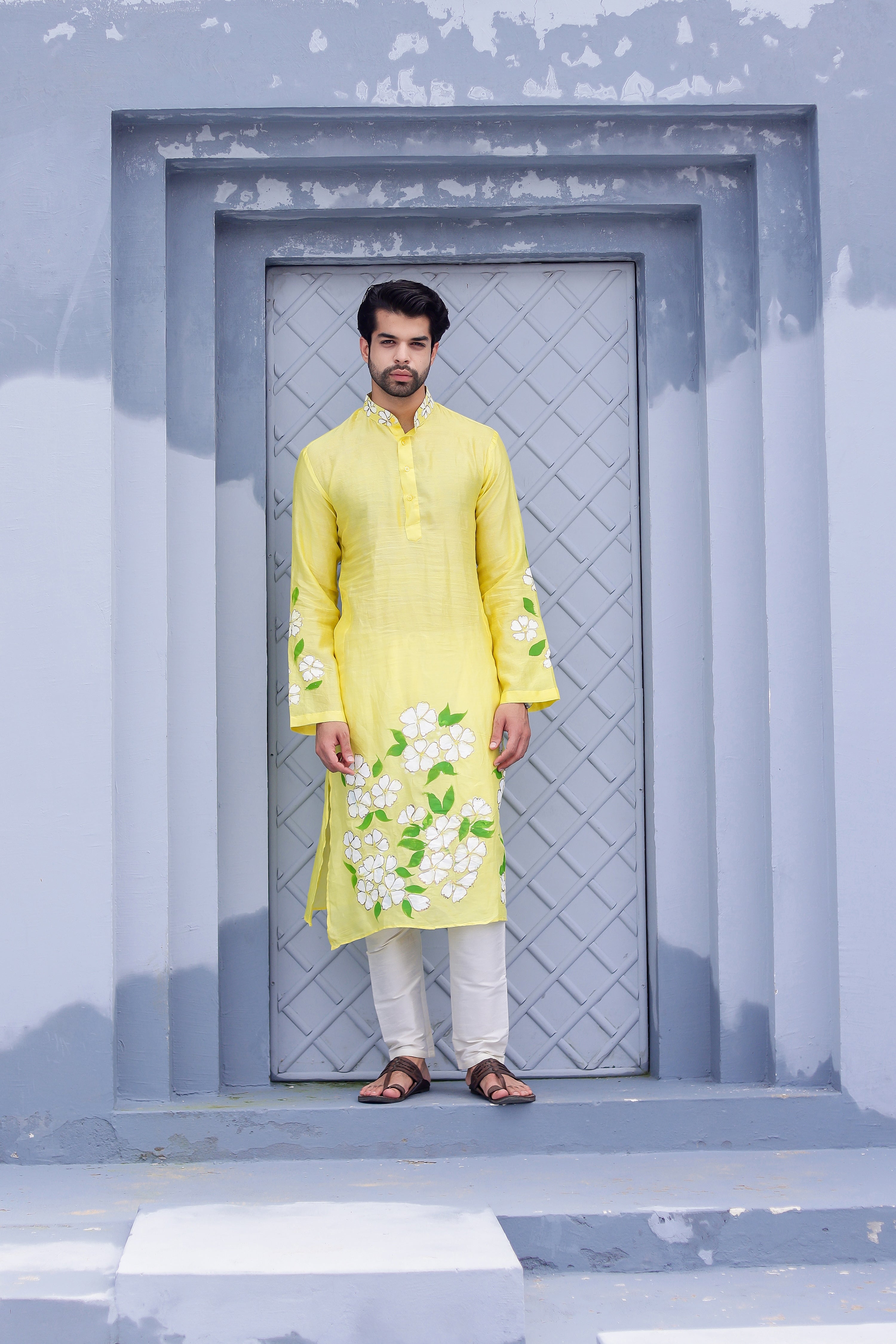 Sunny Bloom Kurta (Handpainted Yellow Cotton Silk Kurta)