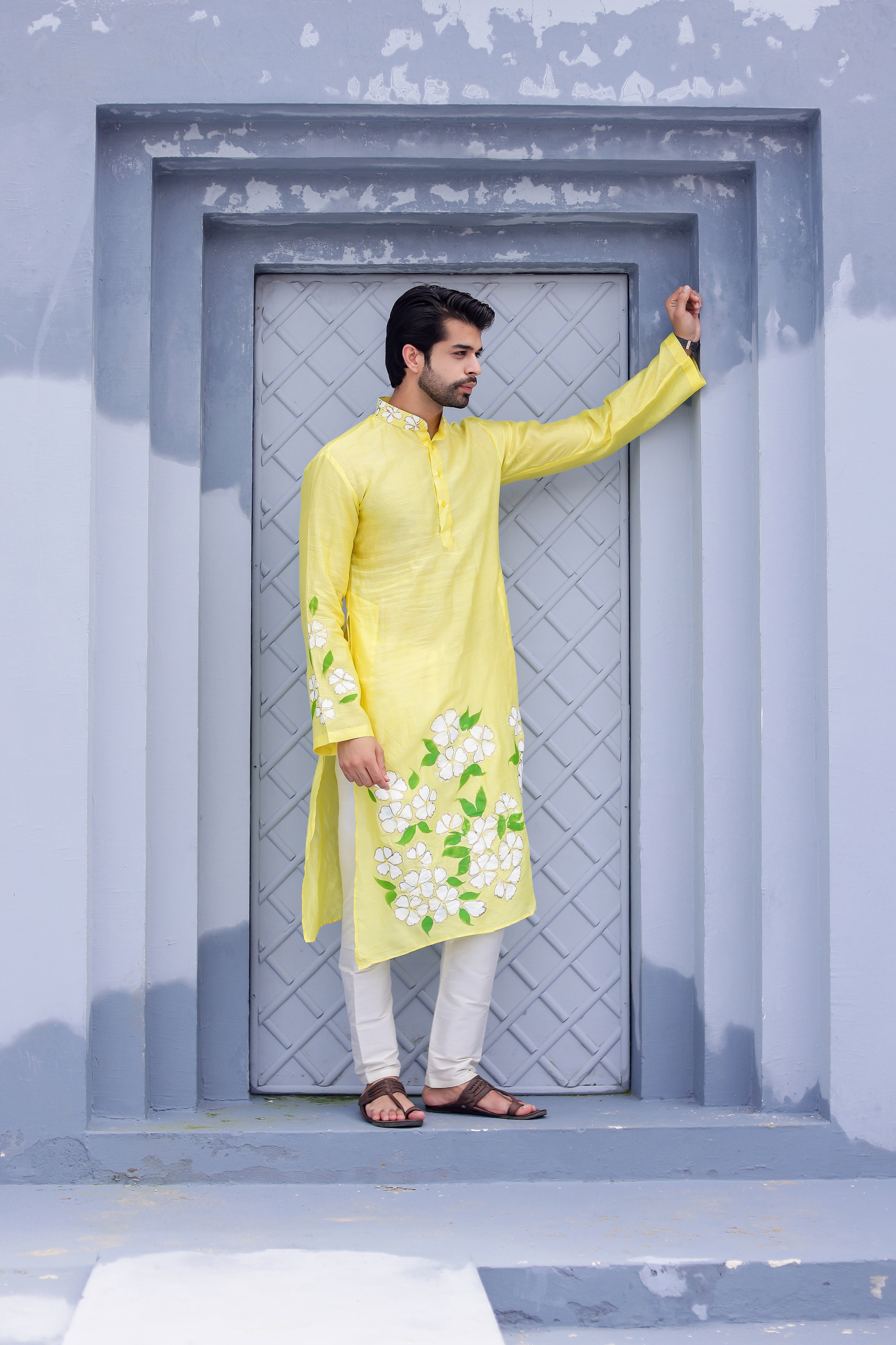 Sunny Bloom Kurta (Handpainted Yellow Cotton Silk Kurta)