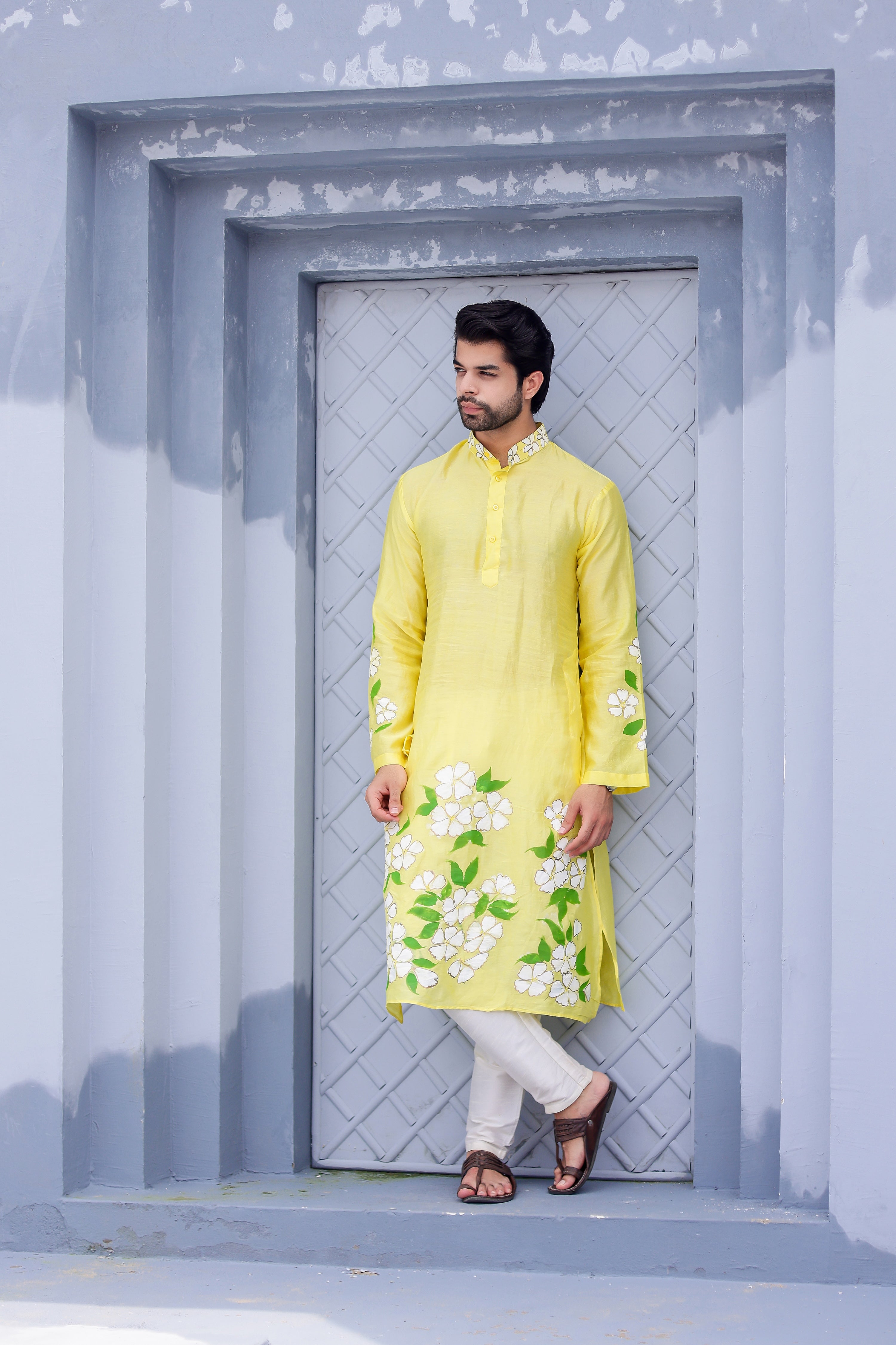 Sunny Bloom Kurta (Handpainted Yellow Cotton Silk Kurta)