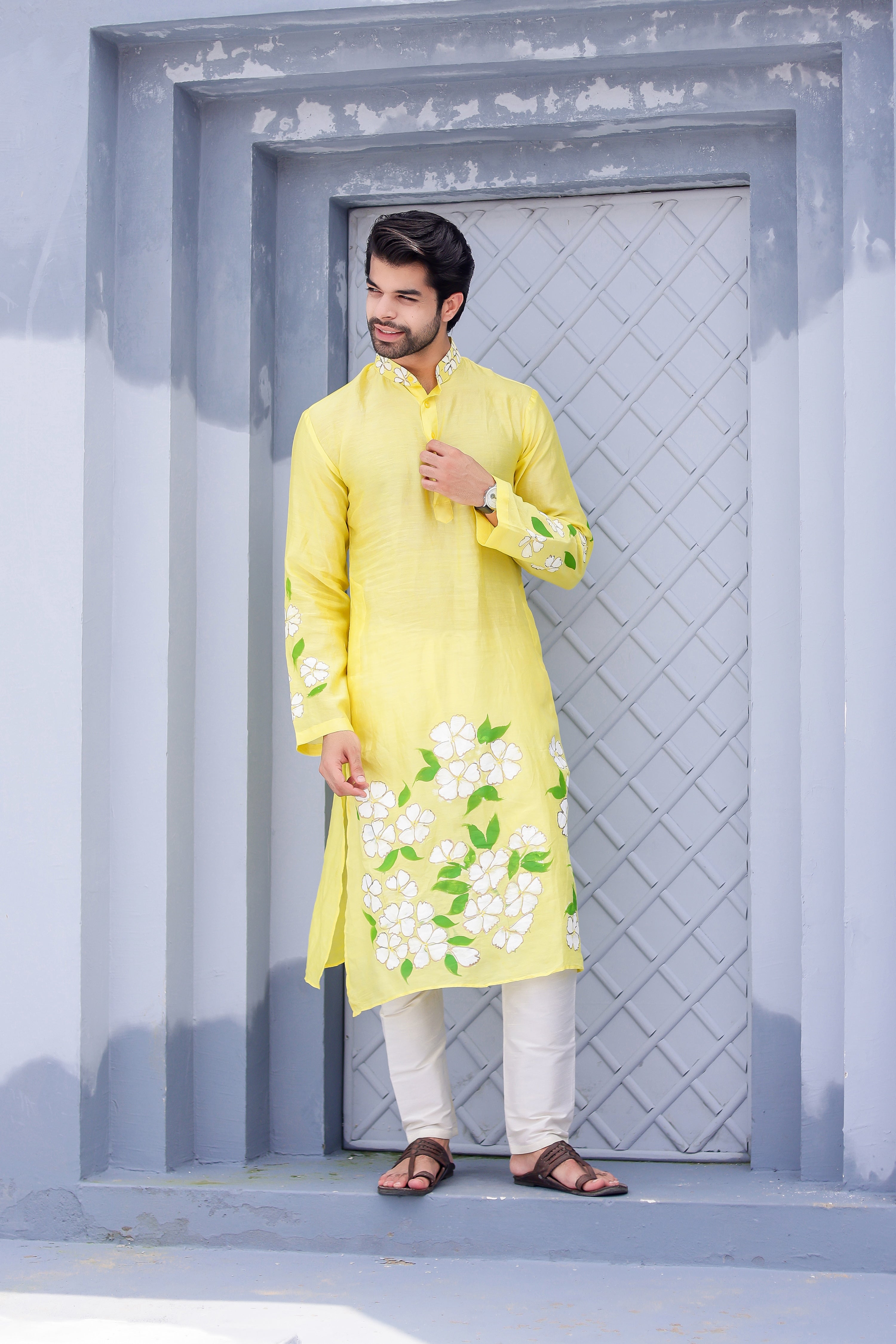 Sunny Bloom Kurta (Handpainted Yellow Cotton Silk Kurta)