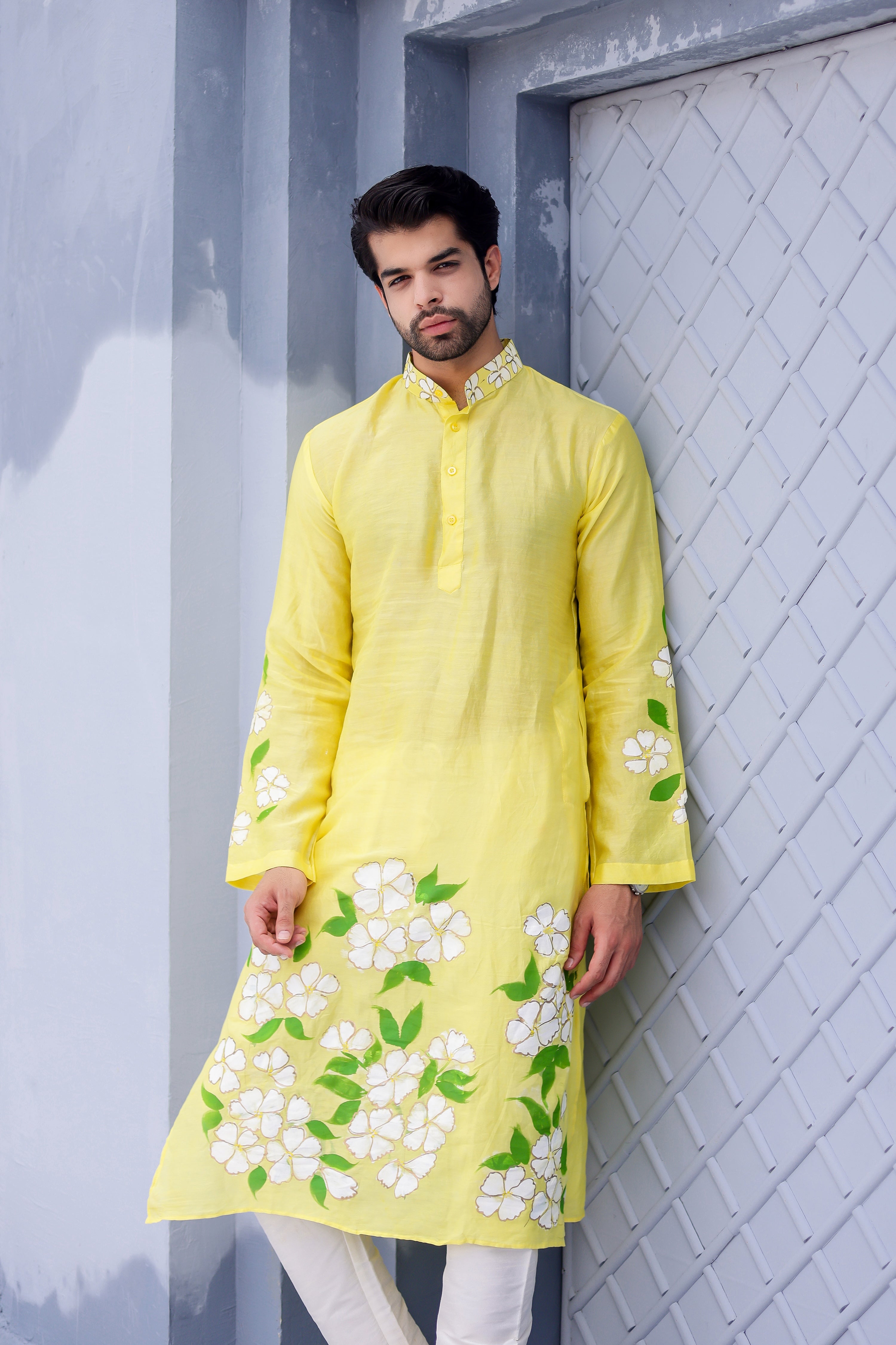 Sunny Bloom Kurta (Handpainted Yellow Cotton Silk Kurta)