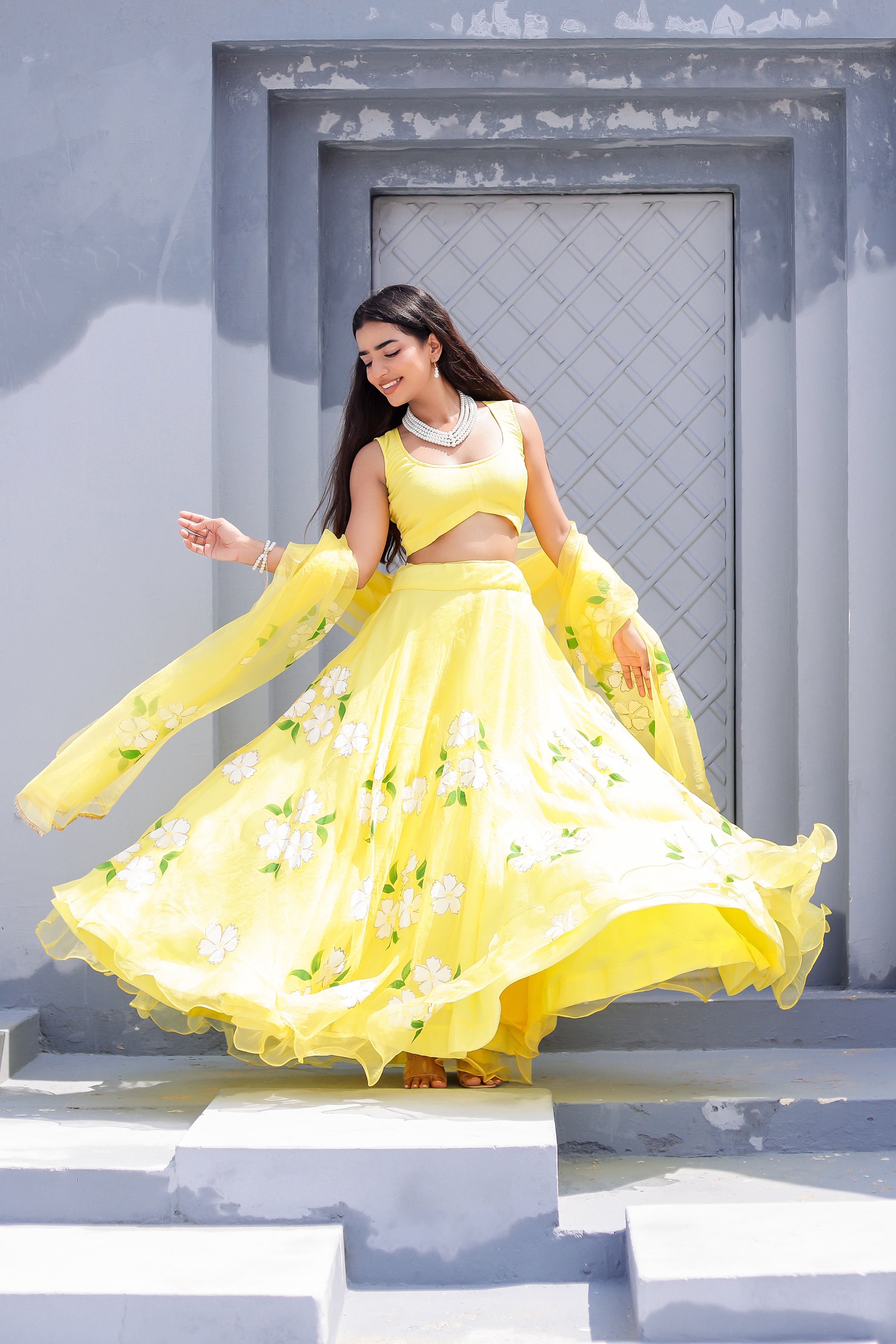 Raag Tilak Kamod (Handpainted Yellow Pure Organza Lehenga)