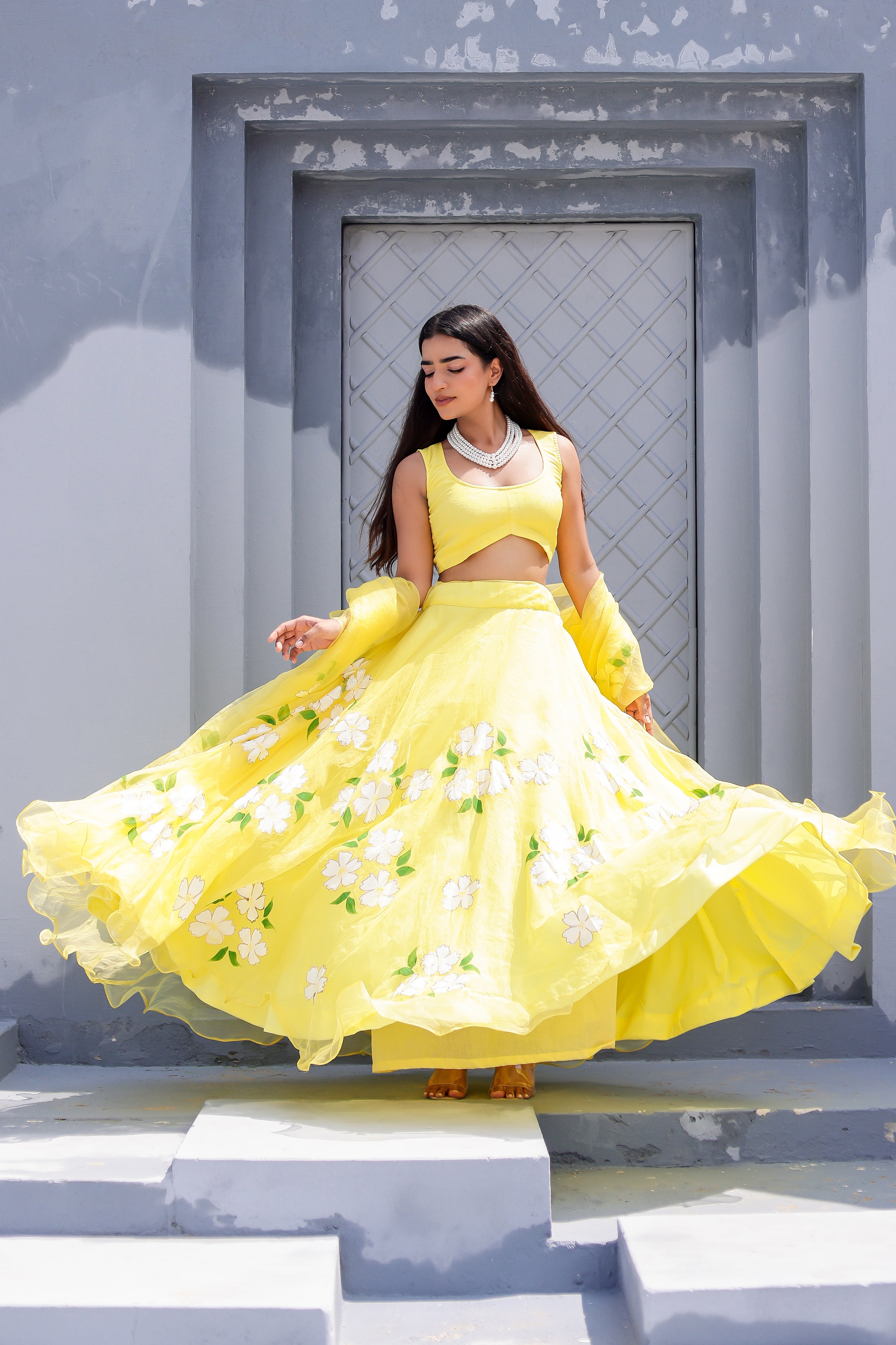 Raag Tilak Kamod (Handpainted Yellow Pure Organza Lehenga)