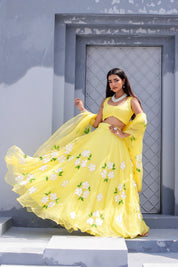 Raag Tilak Kamod (Handpainted Yellow Pure Organza Lehenga)