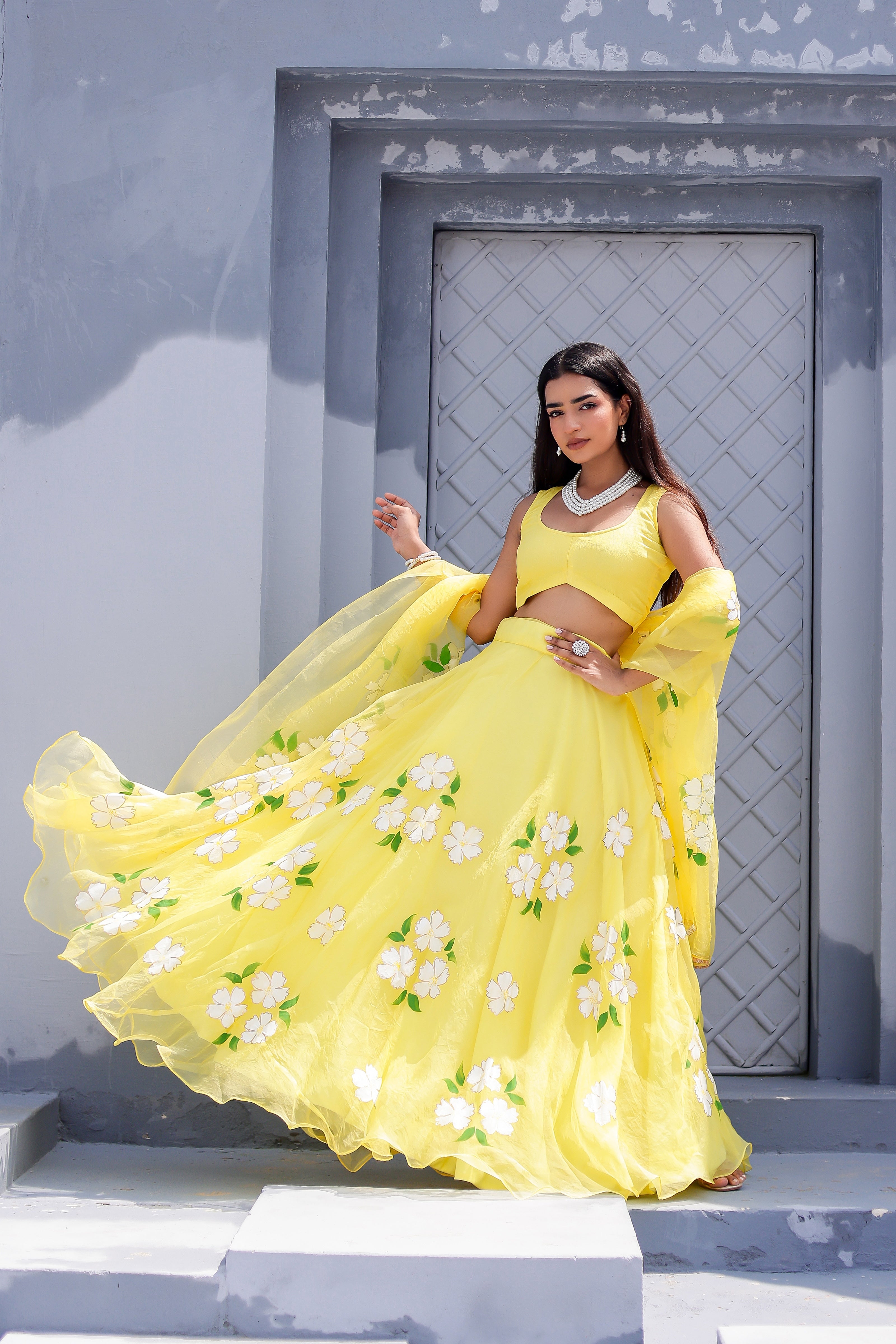 Raag Tilak Kamod (Handpainted Yellow Pure Organza Lehenga)