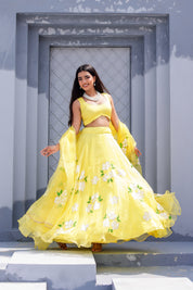 Raag Tilak Kamod (Handpainted Yellow Pure Organza Lehenga)