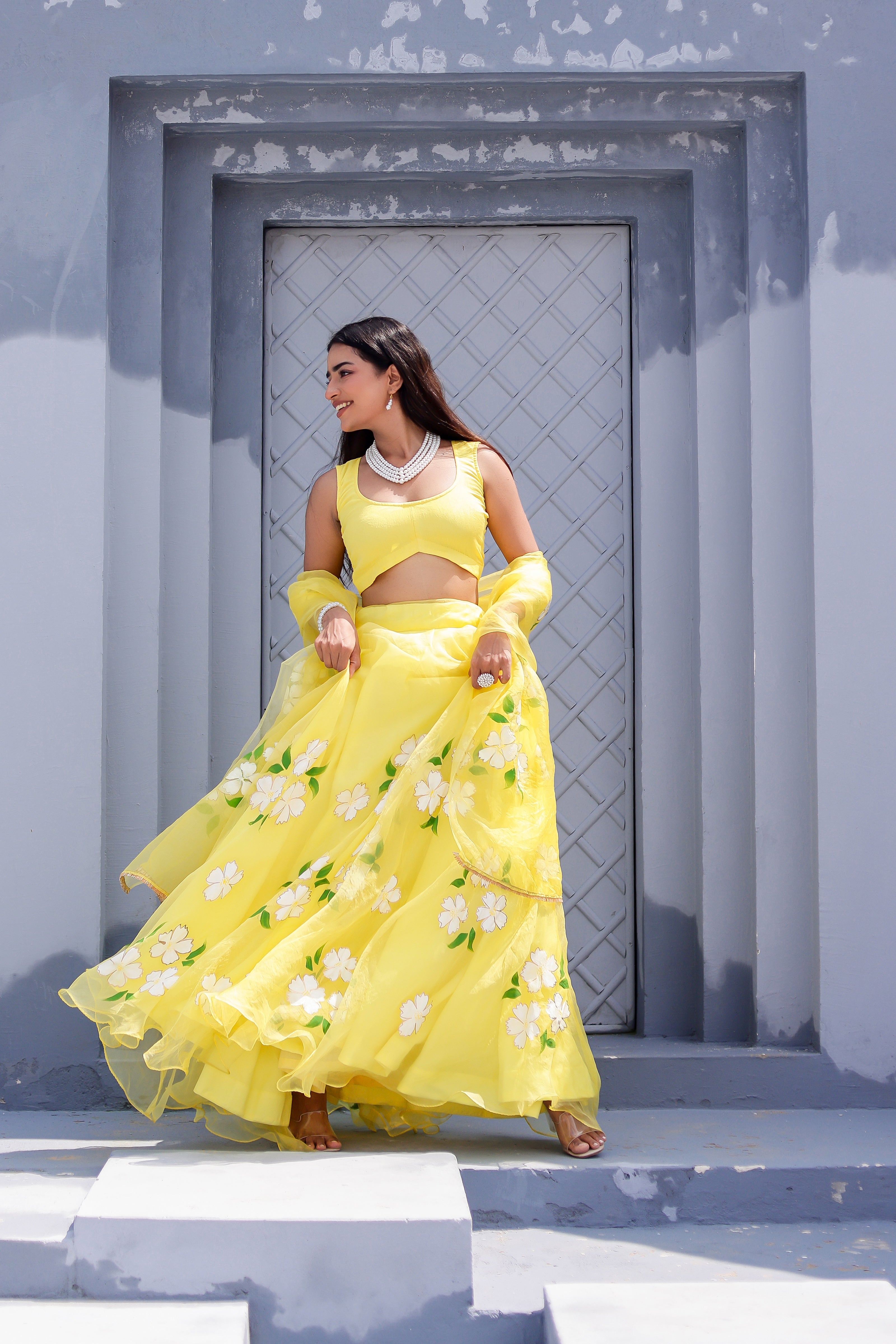 Raag Tilak Kamod (Handpainted Yellow Pure Organza Lehenga)