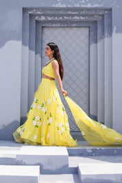 Raag Tilak Kamod (Handpainted Yellow Pure Organza Lehenga)