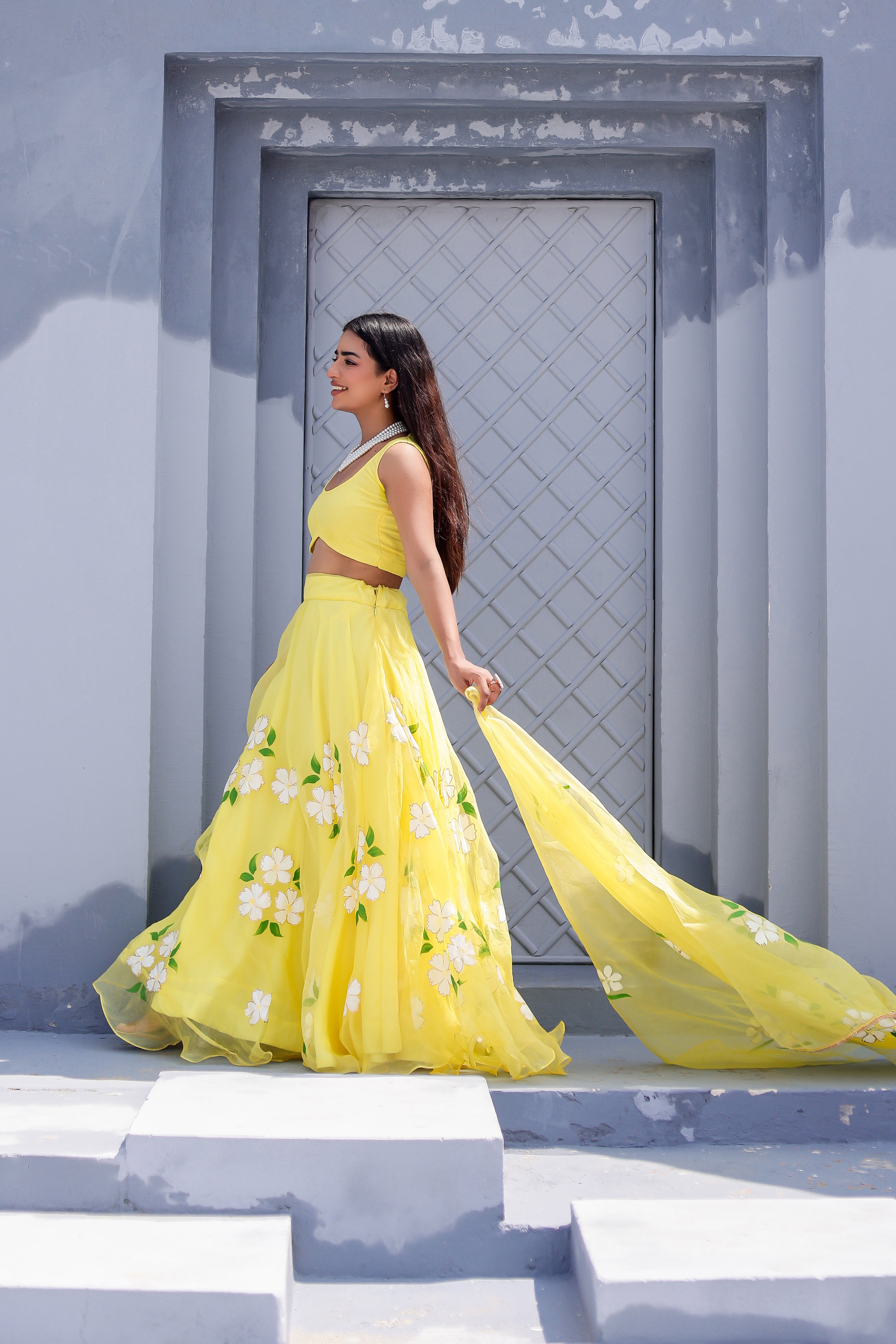 Raag Tilak Kamod (Handpainted Yellow Pure Organza Lehenga)