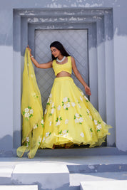 Raag Tilak Kamod (Handpainted Yellow Pure Organza Lehenga)
