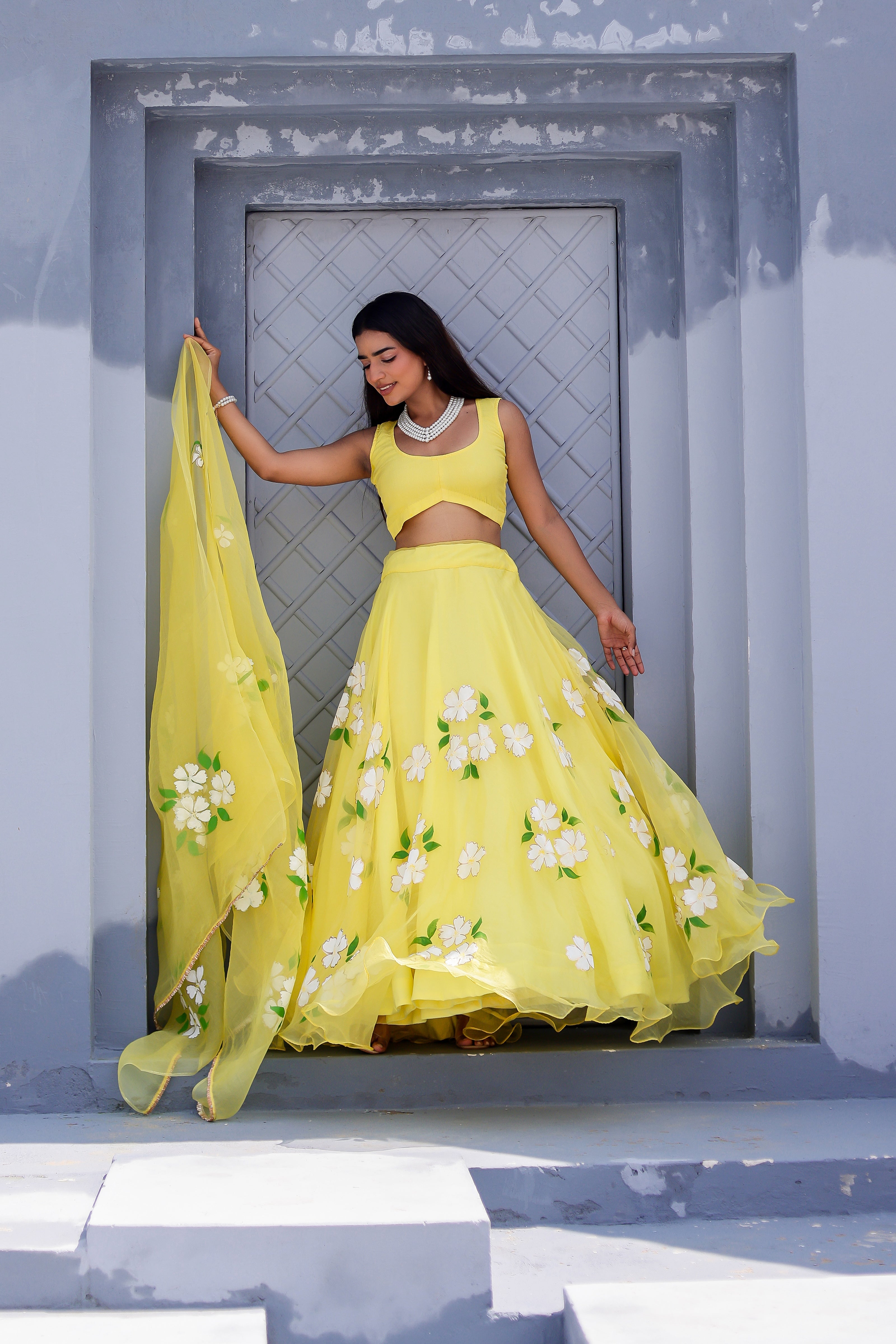 Raag Tilak Kamod (Handpainted Yellow Pure Organza Lehenga)