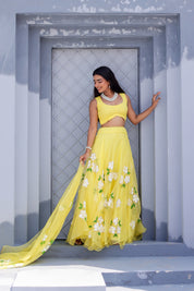 Raag Tilak Kamod (Handpainted Yellow Pure Organza Lehenga)