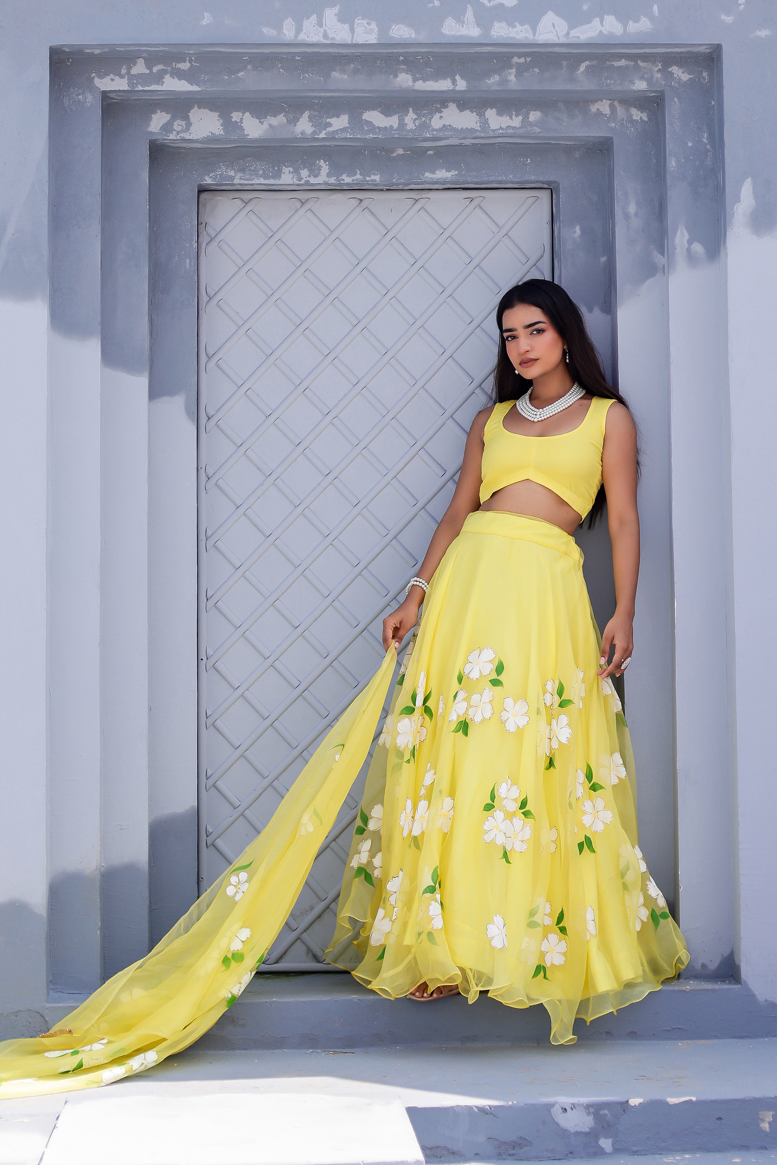 Raag Tilak Kamod (Handpainted Yellow Pure Organza Lehenga)