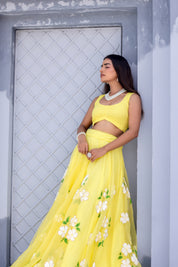Raag Tilak Kamod (Handpainted Yellow Pure Organza Lehenga)