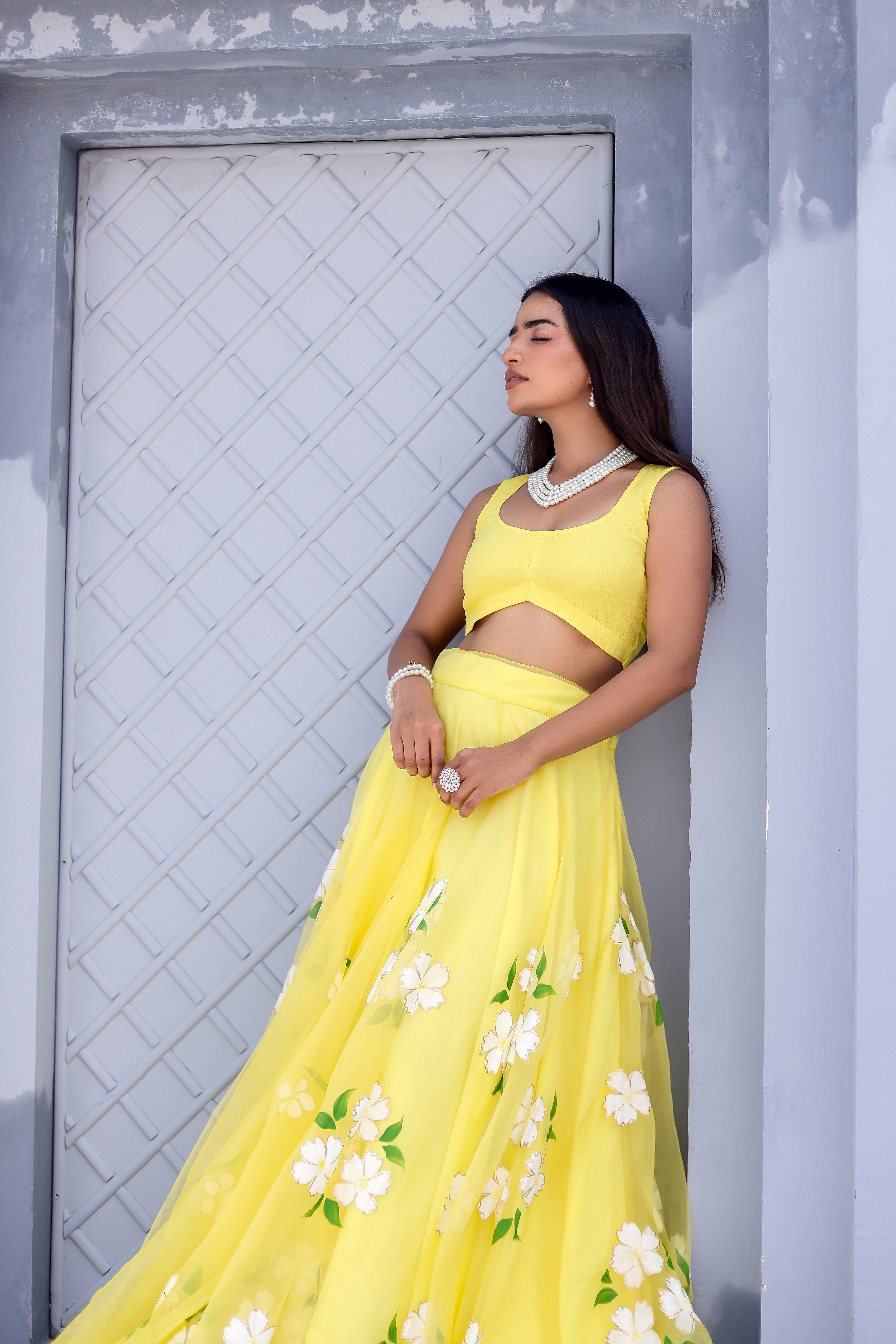 Raag Tilak Kamod (Handpainted Yellow Pure Organza Lehenga)