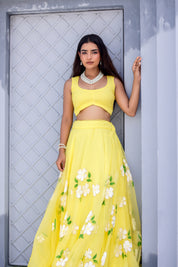 Raag Tilak Kamod (Handpainted Yellow Pure Organza Lehenga)