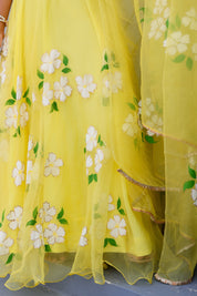 Raag Tilak Kamod (Handpainted Yellow Pure Organza Lehenga)