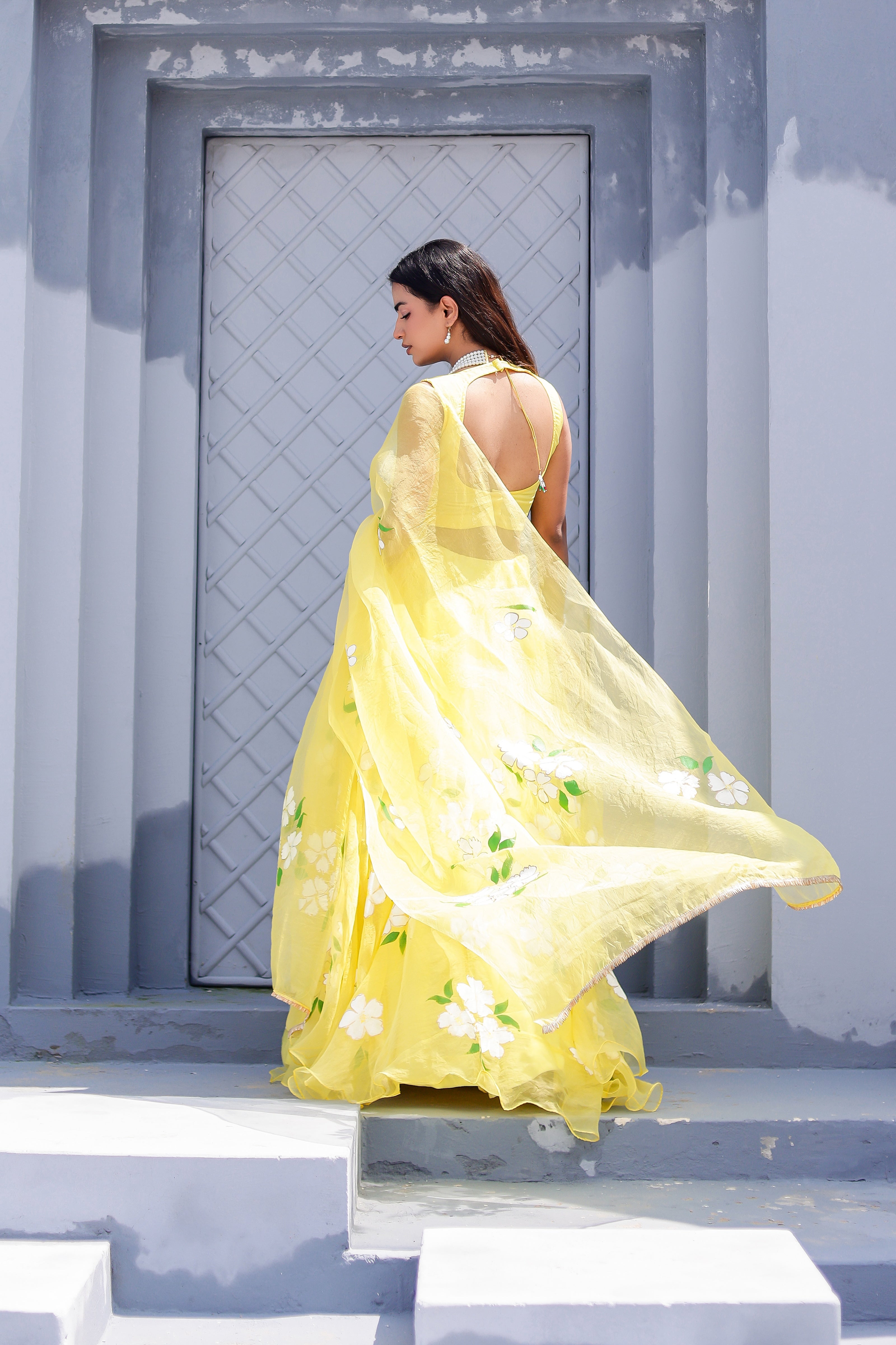 Raag Tilak Kamod (Handpainted Yellow Pure Organza Lehenga)