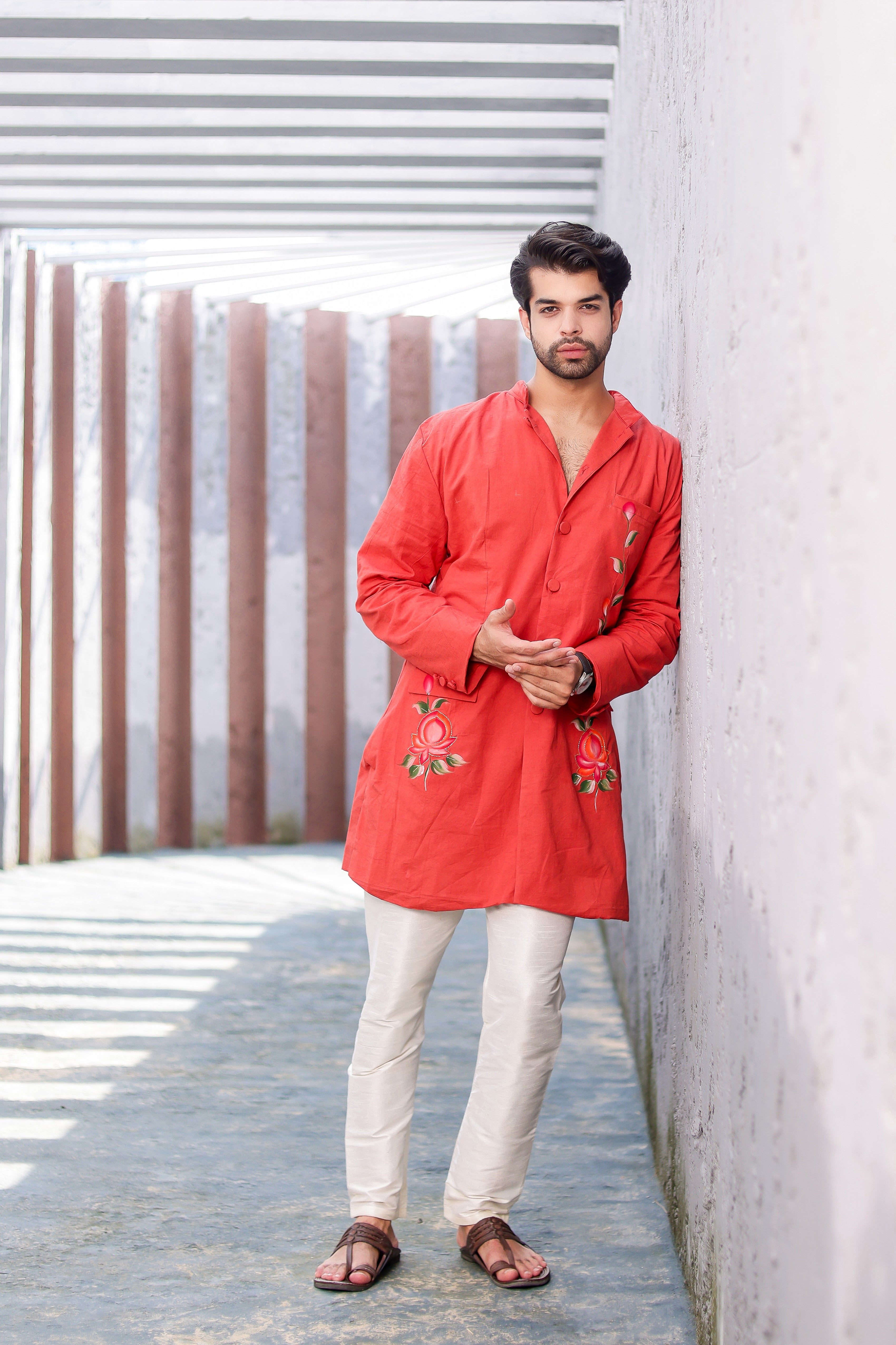 Rust Rose Kurta (Handpainted Kurta with Cutdana Embroidery)