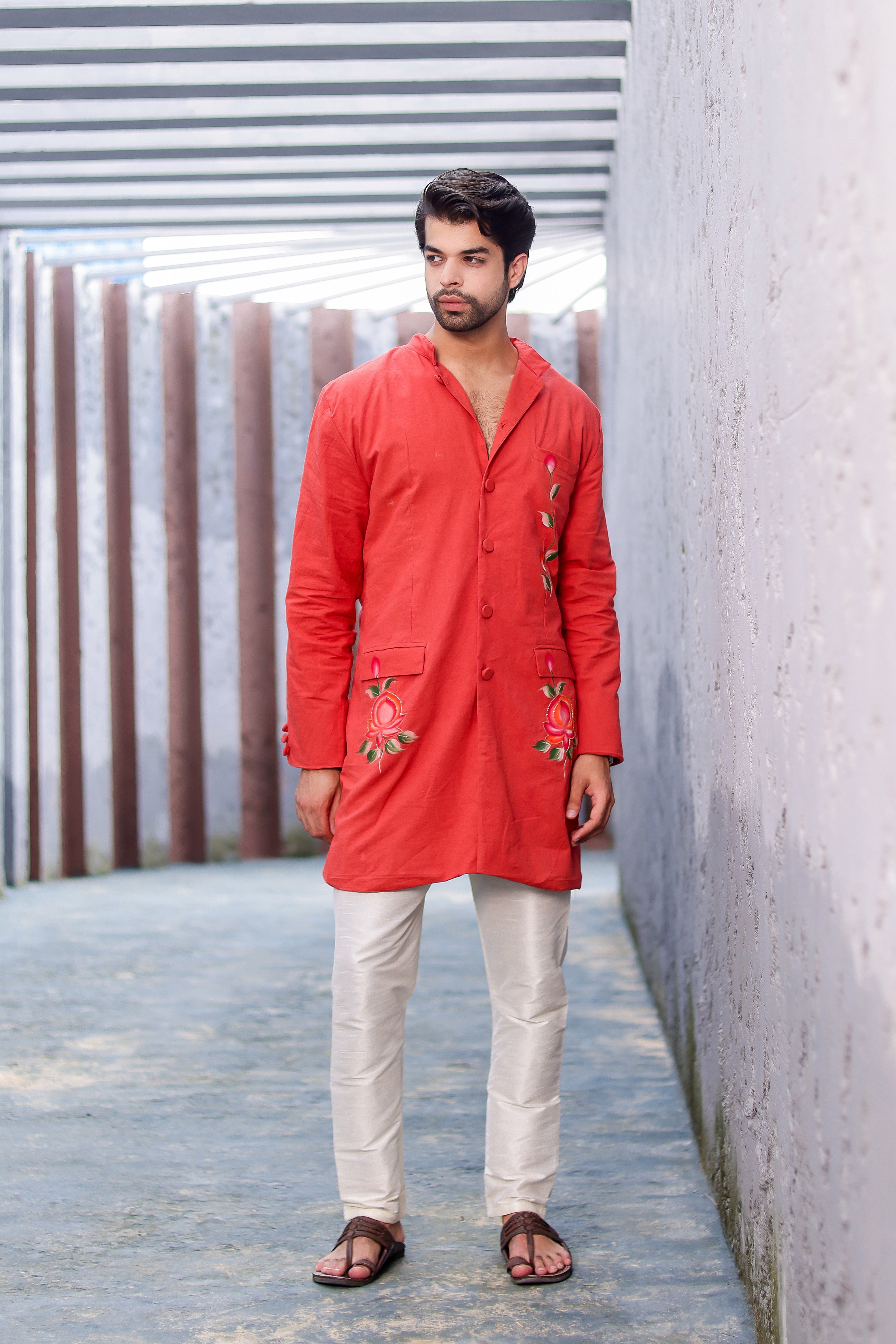 Rust Rose Kurta (Handpainted Kurta with Cutdana Embroidery)