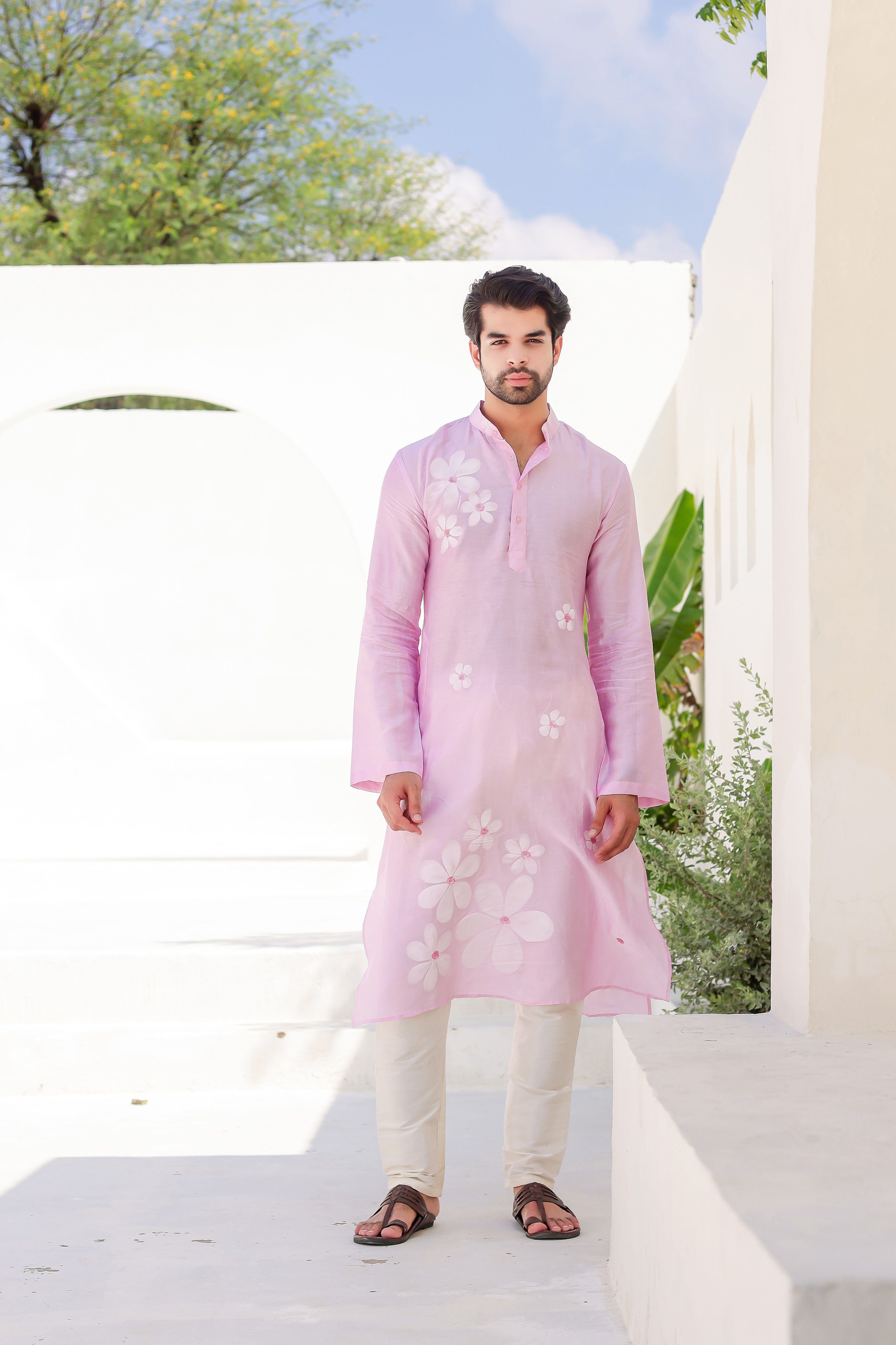 Blush Whisper Kurta (Handpainted Pink Chanderi Silk Kurta with Sequins work)