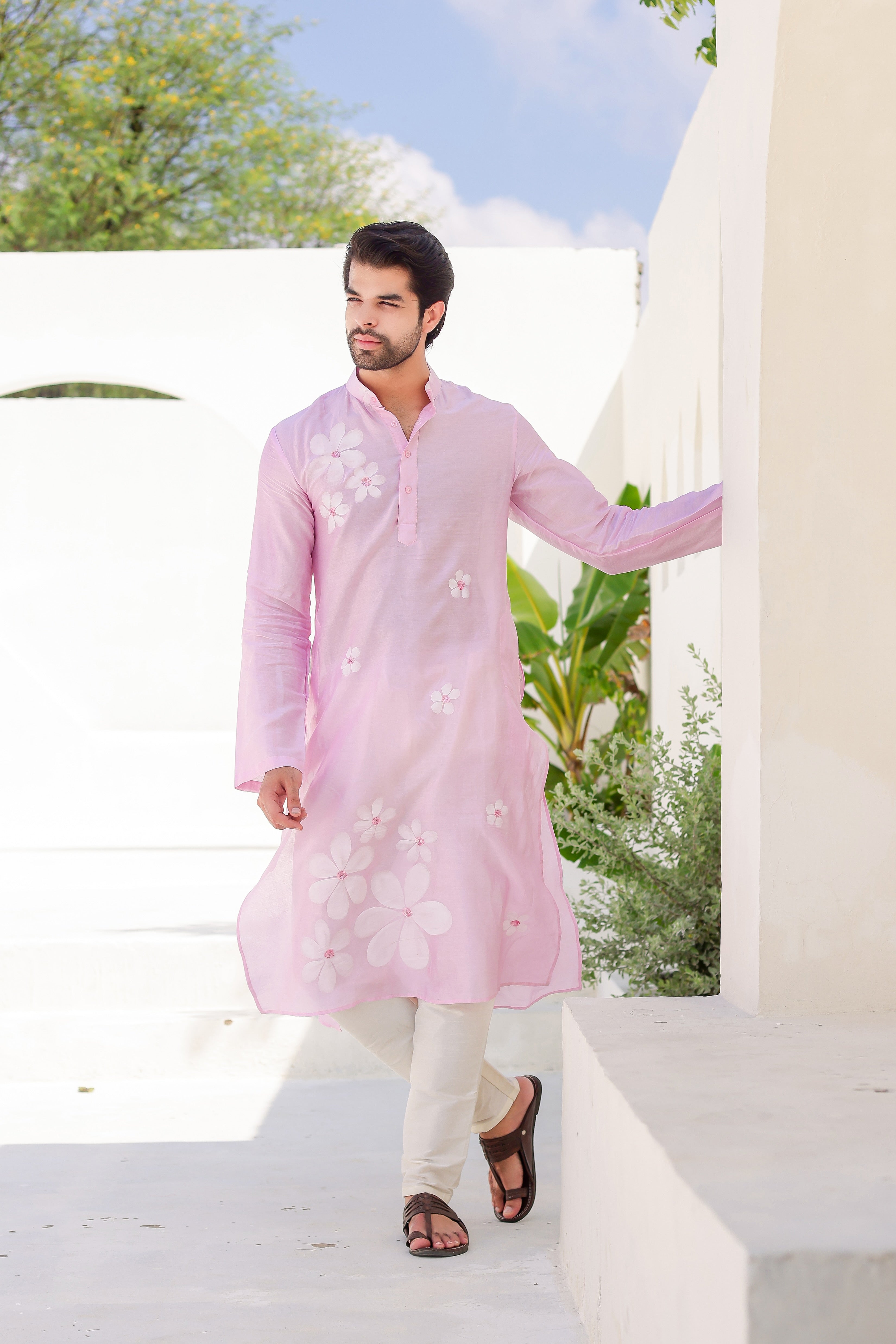 Blush Whisper Kurta (Handpainted Pink Chanderi Silk Kurta with Sequins work)