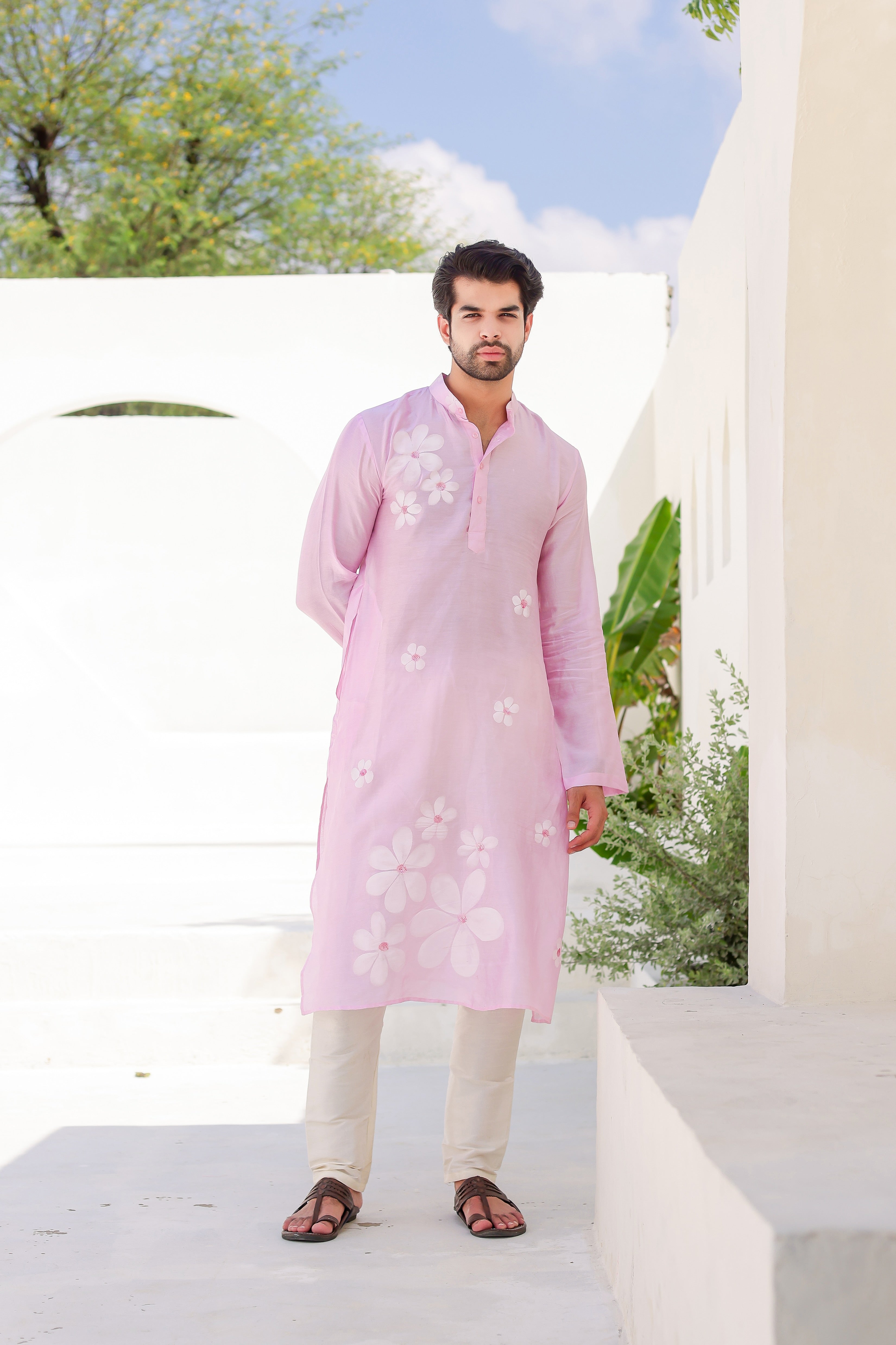 Blush Whisper Kurta (Handpainted Pink Chanderi Silk Kurta with Sequins work)