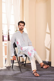 Frosted Whisper Kurta (Handpainted Pastel Blue Grey Kurta)
