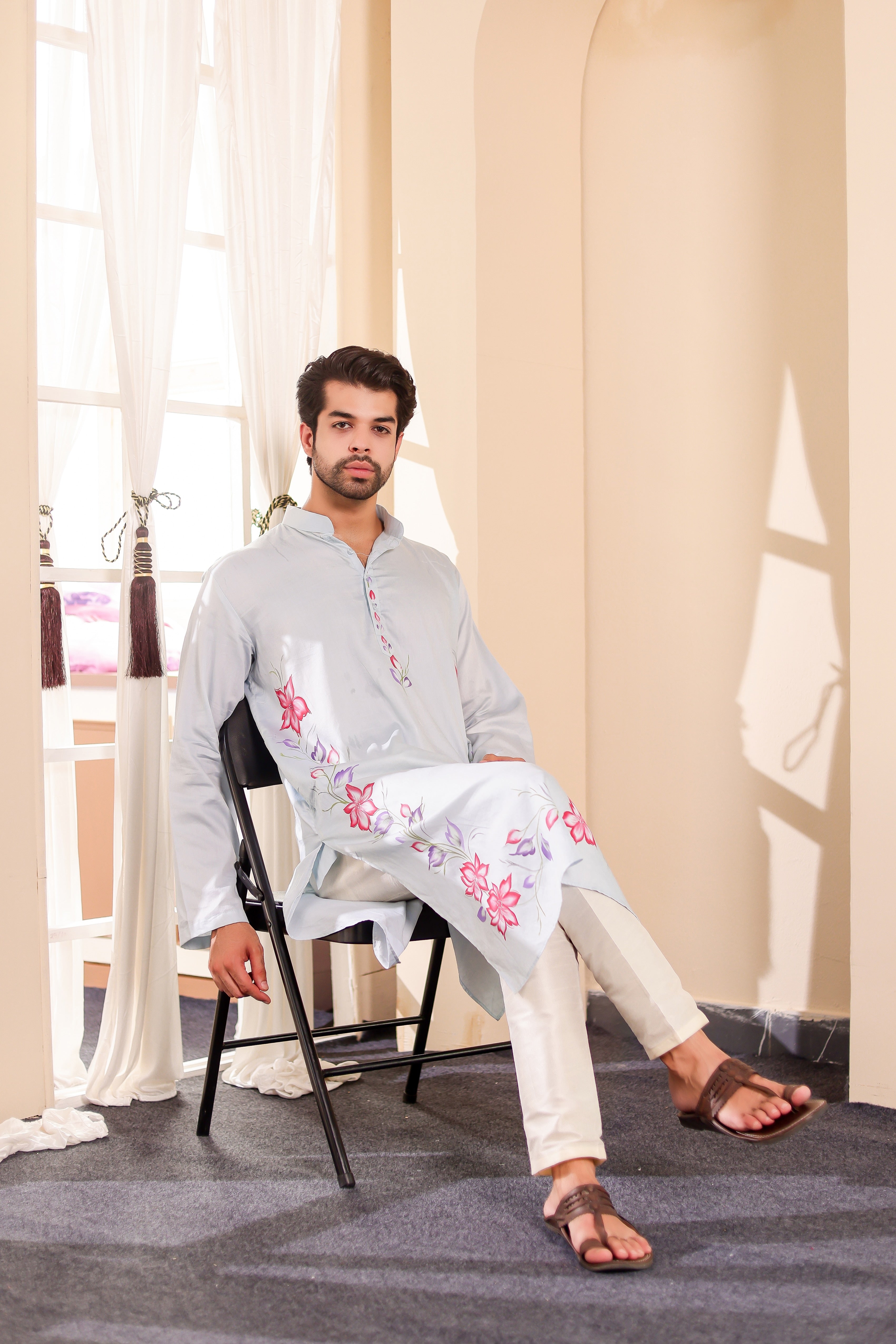 Frosted Whisper Kurta (Handpainted Pastel Blue Grey Kurta)