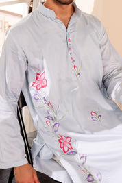Frosted Whisper Kurta (Handpainted Pastel Blue Grey Kurta)