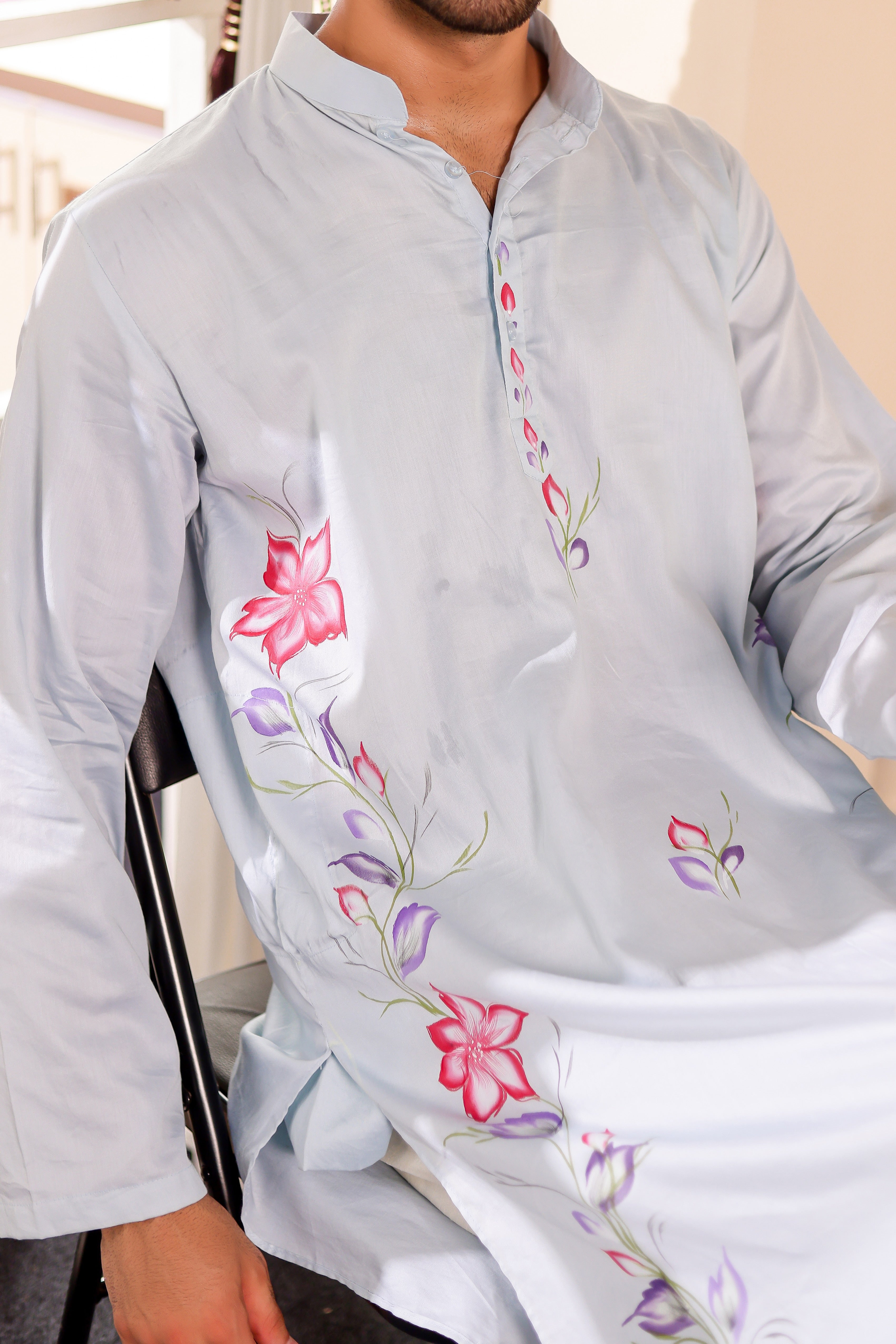 Frosted Whisper Kurta (Handpainted Pastel Blue Grey Kurta)
